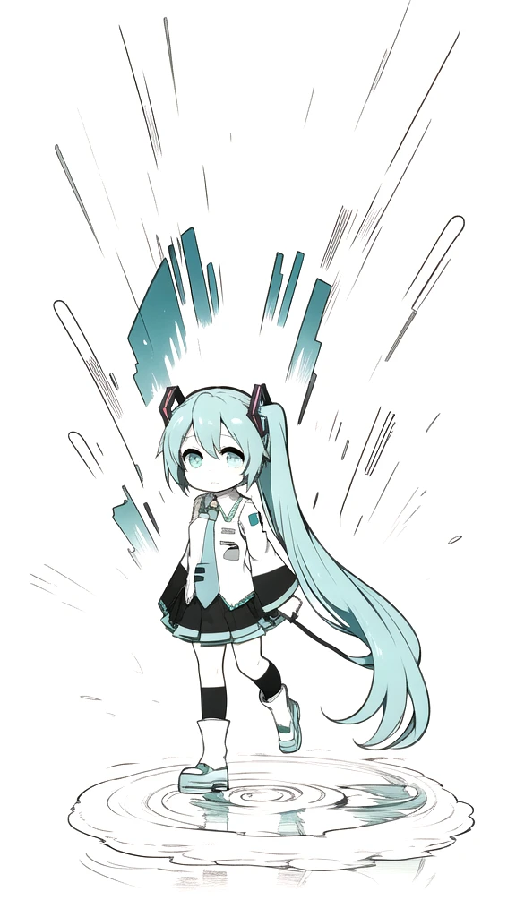 best quality, chibi, 1 girl,  miku, Hatsune Miku, (full body), Pure white background,Vivid,clearly,sad face,rain,Walking,snow