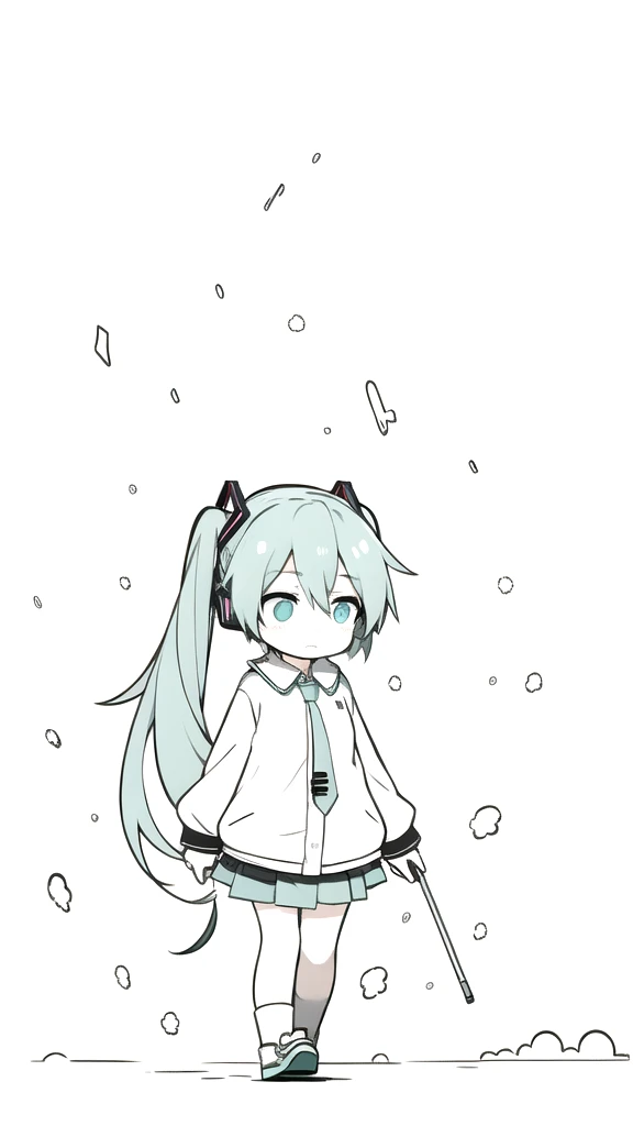 best quality, chibi, 1 girl,  miku, Hatsune Miku, (full body), Pure white background,Vivid,clearly,sad face,rain,Walking,snow