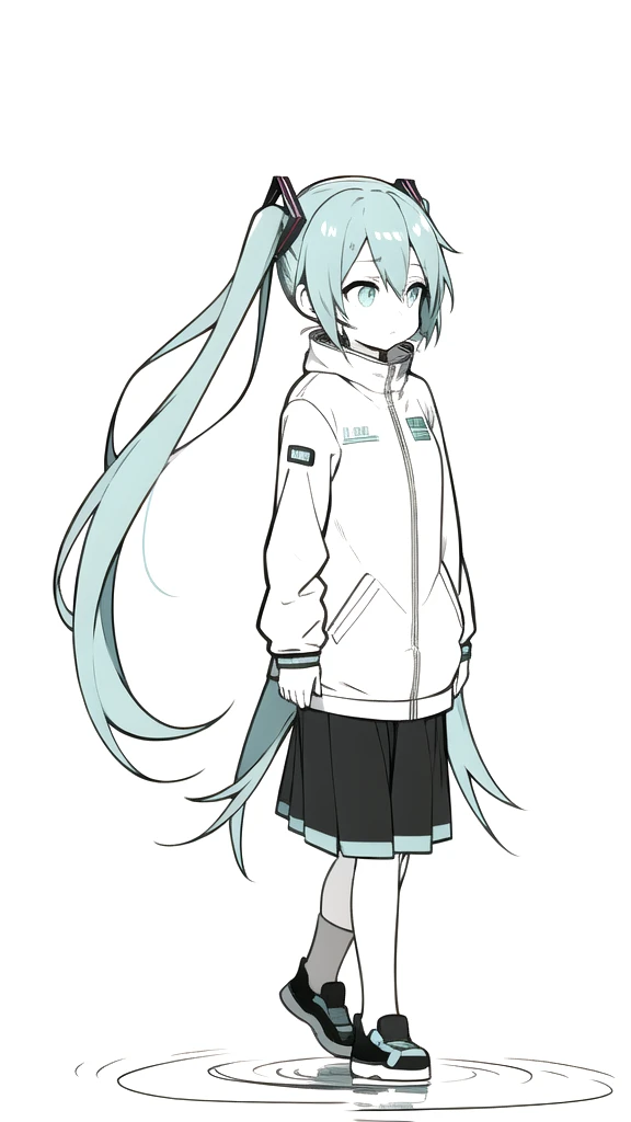 best quality, chibi, 1 girl,  miku, Hatsune Miku, (full body), Pure white background,Vivid,clearly,sad face,rain,Walking,snow