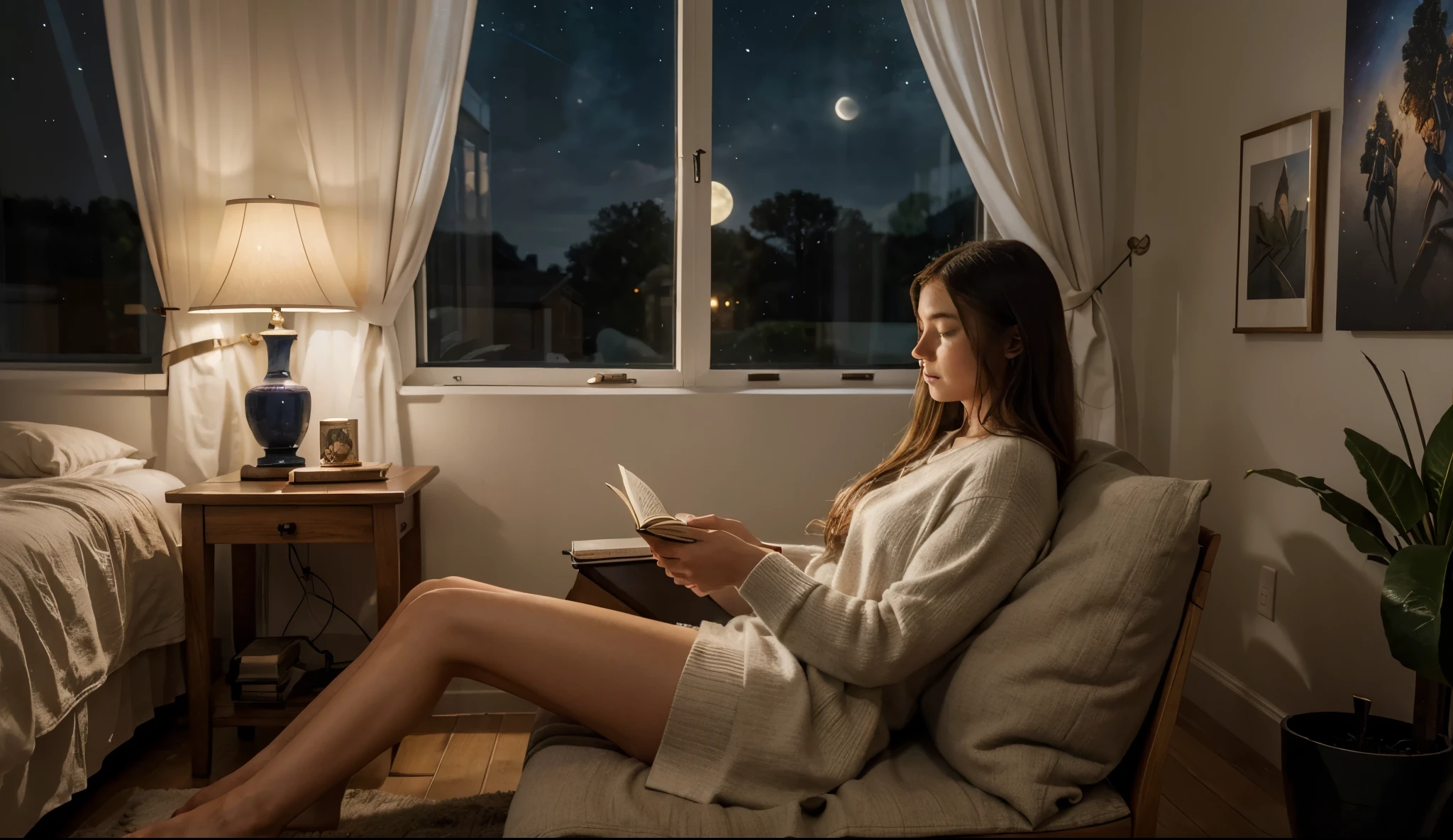 (best quality,highres),detailed drawing,pattern details,comic book style,beautiful girl reading a book,soft lighting,open bedroom window,full moon,nighttime ambiance,cozy atmosphere,colored pencil rendering,curtain blowing in the wind,vibrant colors,peaceful and quiet environment,calm expression,surrounded by plants and flowers,focused and attentive,immersed in the story,comfortable chair,quiet and serene,bookshelf filled with books,relaxing and enjoyable moment,pencil strokes,window frame casting shadows,tranquil mood,gentle breeze,nice view,starry sky outside,relaxation and escape,magical atmosphere,cozy blanket,peaceful dreams,deeply engaged in reading.
