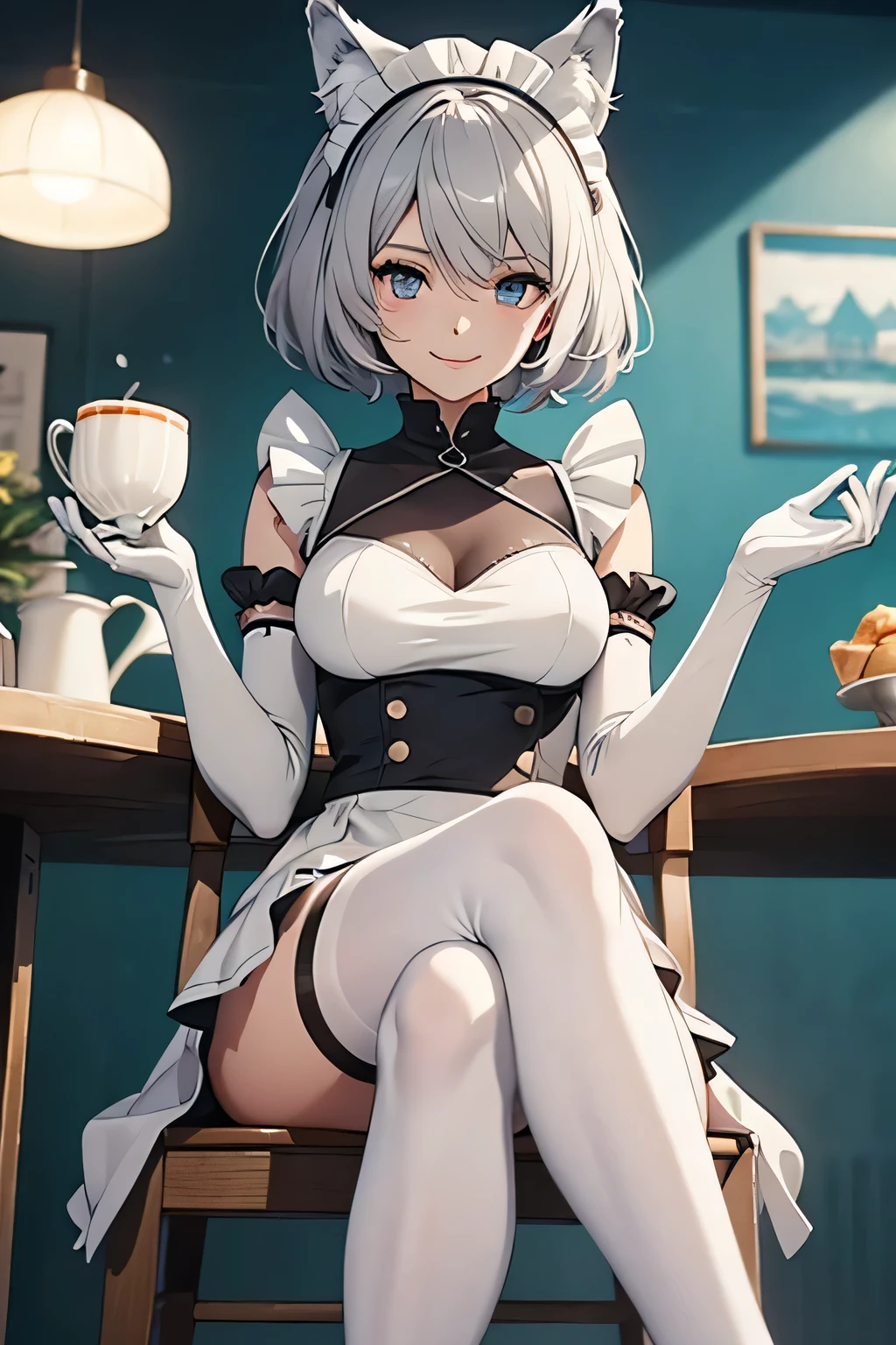 Tabletop Best image quality wonderful Attention to detail One Young Woman((Adult))Anime Style White maid outfit(Sleeveless) mini skirt snow-white gloves(Elbow Gloves) White Pantyhose(Plain) Wolf Ears short hair((Shortcuts)(Gray Hair)(Curly Hair)(fluffy)) smile(Happy) Eye color is blue background(Cafe) Sit on a chair View from below Show the soles of your feet Beautiful legs