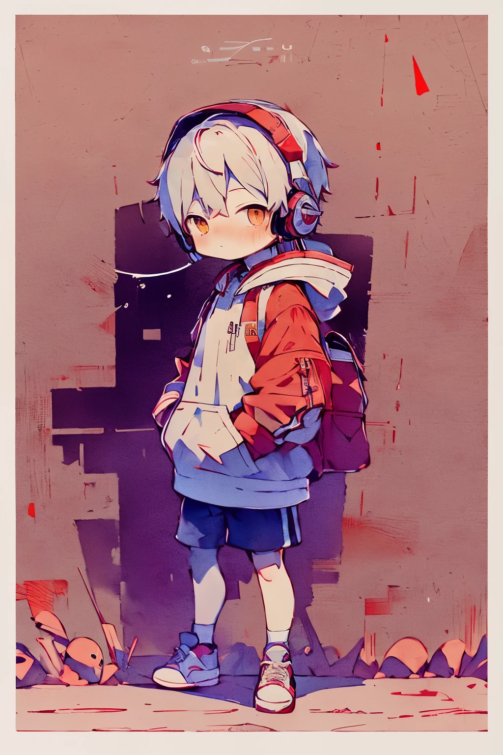 (masterpiece:0.8),best quality,8K,1boy,male focus,solo,fholding_ball,shorts,headphones,(chibi:1.1),bag,shoes,brown eyes,white hair,full body,bandaid,male ,looking at viewer,orange backpack,hood,standing,white,shade,shirt,background sneakers,open jacket,((embarrass:1.3)),