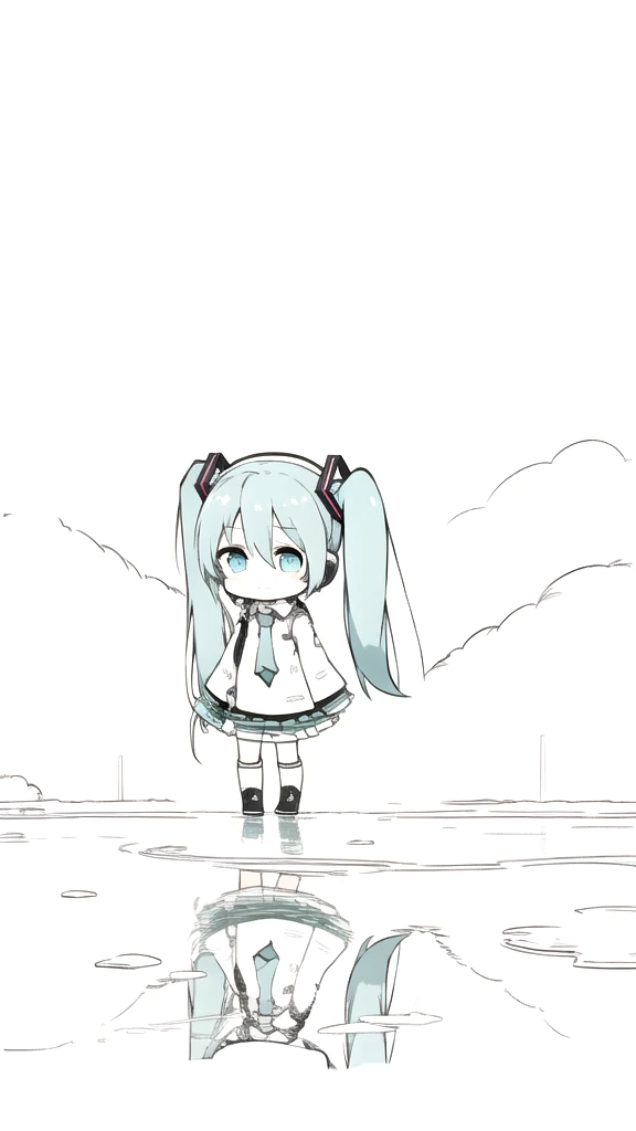 best quality, chibi, 1 girl, miku, Hatsune Miku, (full body), Pure white background,Vivid,clearly,sad face,rain,Walking,snow