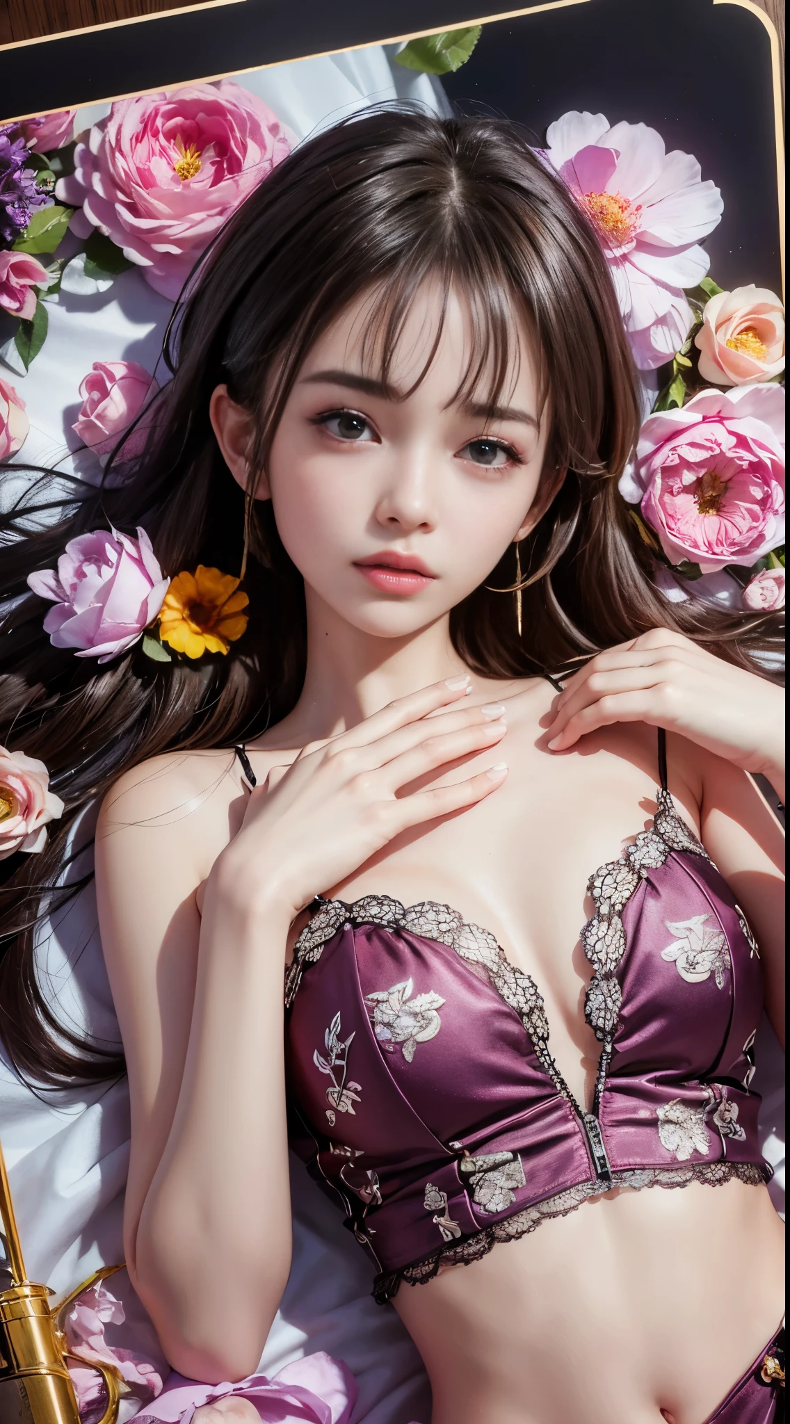 (One Girl:1.3), Cinematic Light, (Tabletop, highest quality, highest quality, beautifully、aesthetic:1.3), Very detailed,Best details,(Very detailed),, From above,(( Lying in bed)), alone, chest, Silky long hair, (Brown Hair), Roses were scattered in the flowerbed., ((suit)), ((shirt)), 開いたchest,大きなchest,Accurate finger drawing,Anatomically correct hand