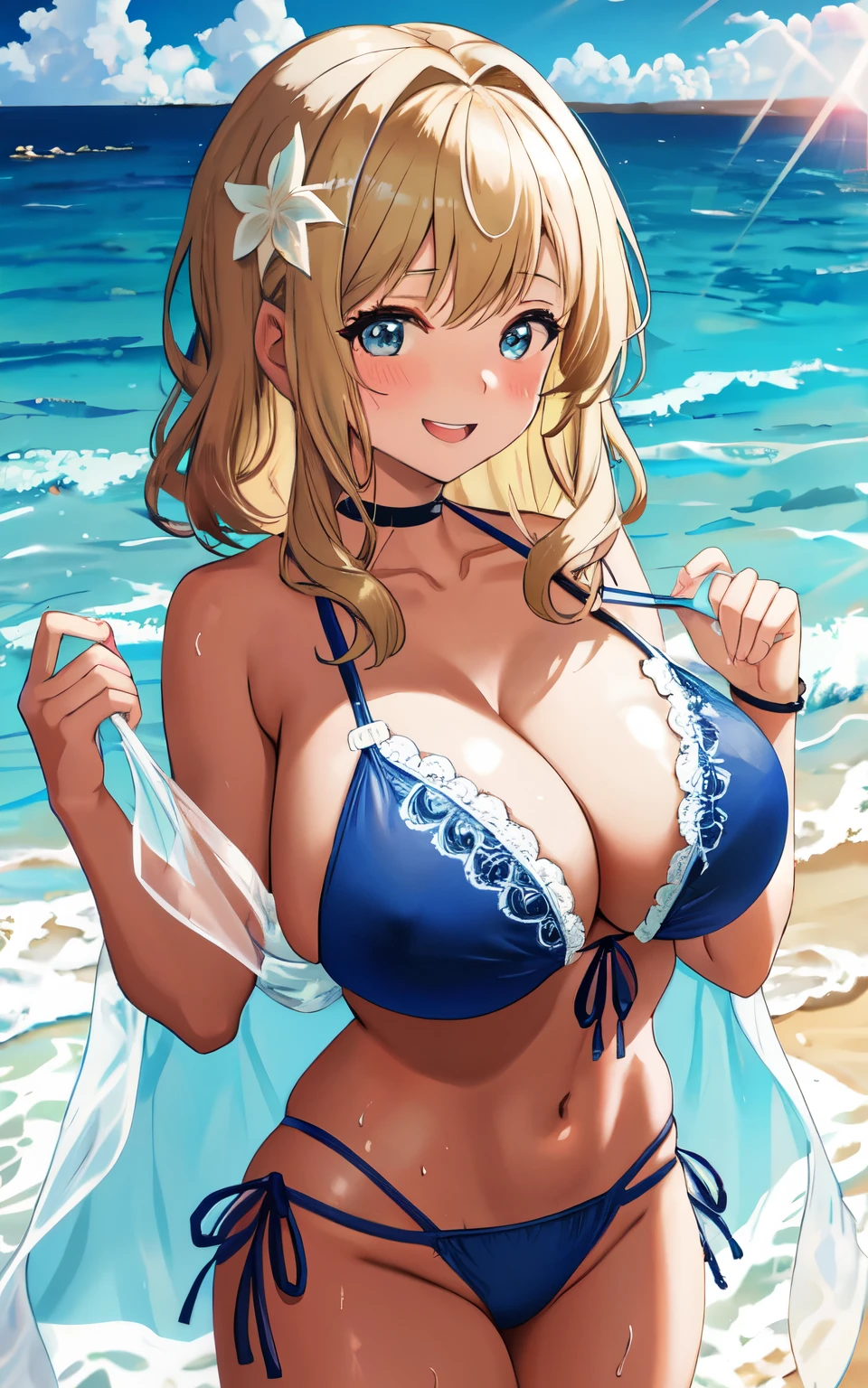 A 6 year old girl with huge breasts, wearing a lacy bikini swimming costume, on the beach, holding a man's penis in her hand, wearing a swim ring