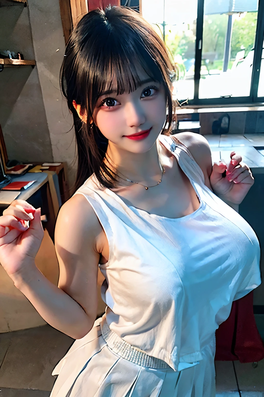 An innocent 20-year-old girl、((White tank top, Dramatic Pose)),smile,shortcut,natural Park、RAW Photos, (8k、highest quality、masterpiece:1.2)、(Intricate details:1.4)、(Photorealistic:1.4)、Octane Rendering、Complex 3D rendering with ultra-detail, Studio Soft Light, Rim Light, Vivid details, Super Detail, Realistic skin texture, Detailed aspect, Beautiful details in the eyes, Highly detailed CG Unity 16k wallpaper, compensate, (Detailed Background:1.2), Glowing Skin, whole body、Cleavage,((Standing with hands behind back、Leaning forward、Angle from above))