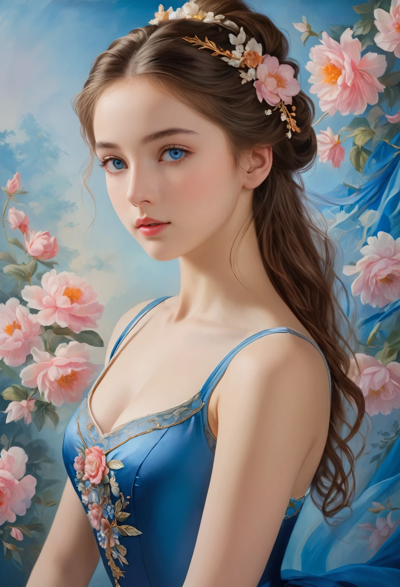 (High resolution,masterpiece:1.2),(Realistic:1.37)"(highest quality, High resolution, Very detailed, Realistic),A beautiful 19th century portrait of a 16-year-old French ballet dancer, (She is half French and half Japanese.., She is a beautiful woman with deep blue eyes and a high nose..:1.1), Beautiful ballet costumes, Detailed facial features, Long and graceful neck, Flowing locks of hair, Calm and graceful posture, Soft and delicate lighting, Classical Oil Painting Medium, Vibrant colors, Delicate background with floral motifs", Dreamy atmosphere, Surrealism,Mysterious Aura