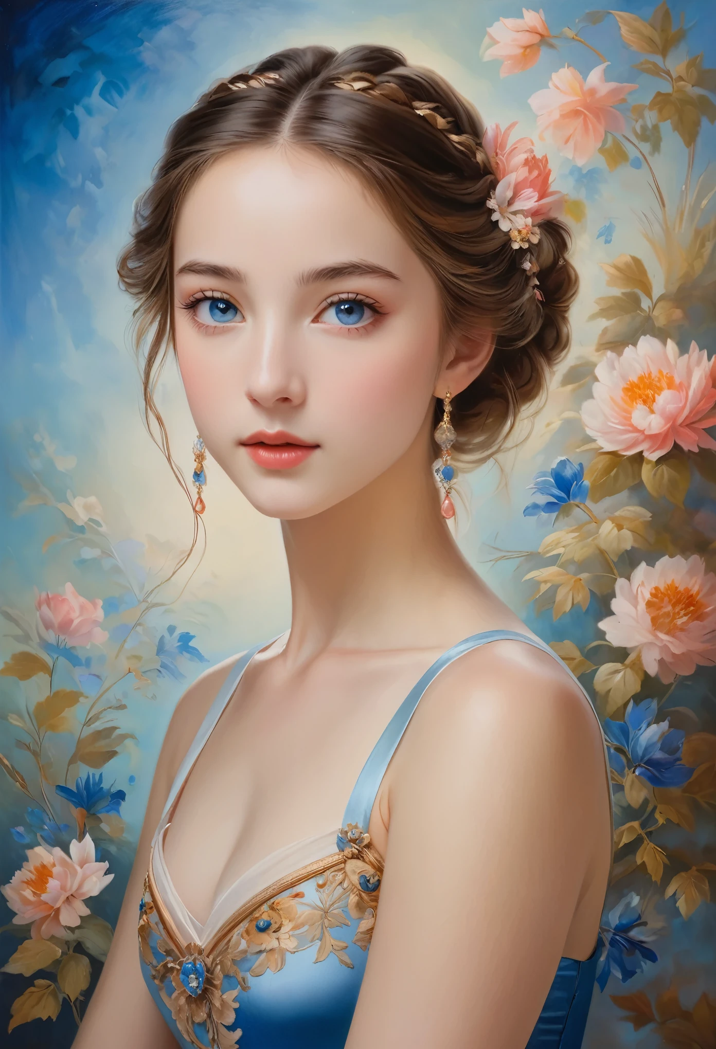 (High resolution,masterpiece:1.2),(Realistic:1.37)"(highest quality, High resolution, Very detailed, Realistic),A beautiful 19th century portrait of a 16-year-old French ballet dancer, (She is half French and half Japanese.., She is a beautiful woman with deep blue eyes and a high nose..:1.1), Beautiful ballet costumes, Detailed facial features, Long and graceful neck, Flowing locks of hair, Calm and graceful posture, Soft and delicate lighting, Classical Oil Painting Medium, Vibrant colors, Delicate background with floral motifs", Dreamy atmosphere, Surrealism,Mysterious Aura