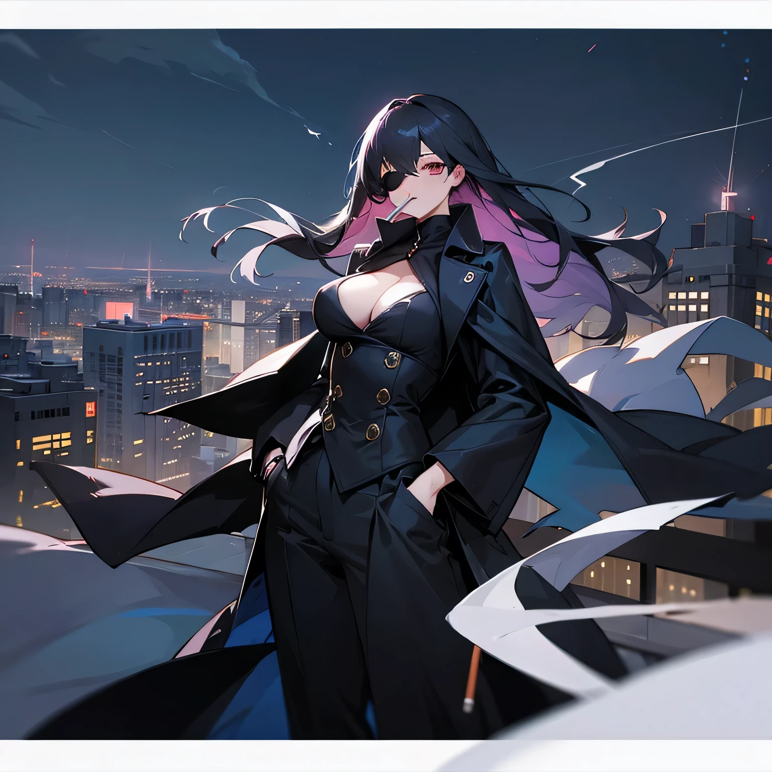 Fluttering in the wind、Rooftop、Night view、Have a cigarette in your mouth、Hand pockets、Black long coat、Big Breasts、Eye patch、Right arm missing、woman、whole body