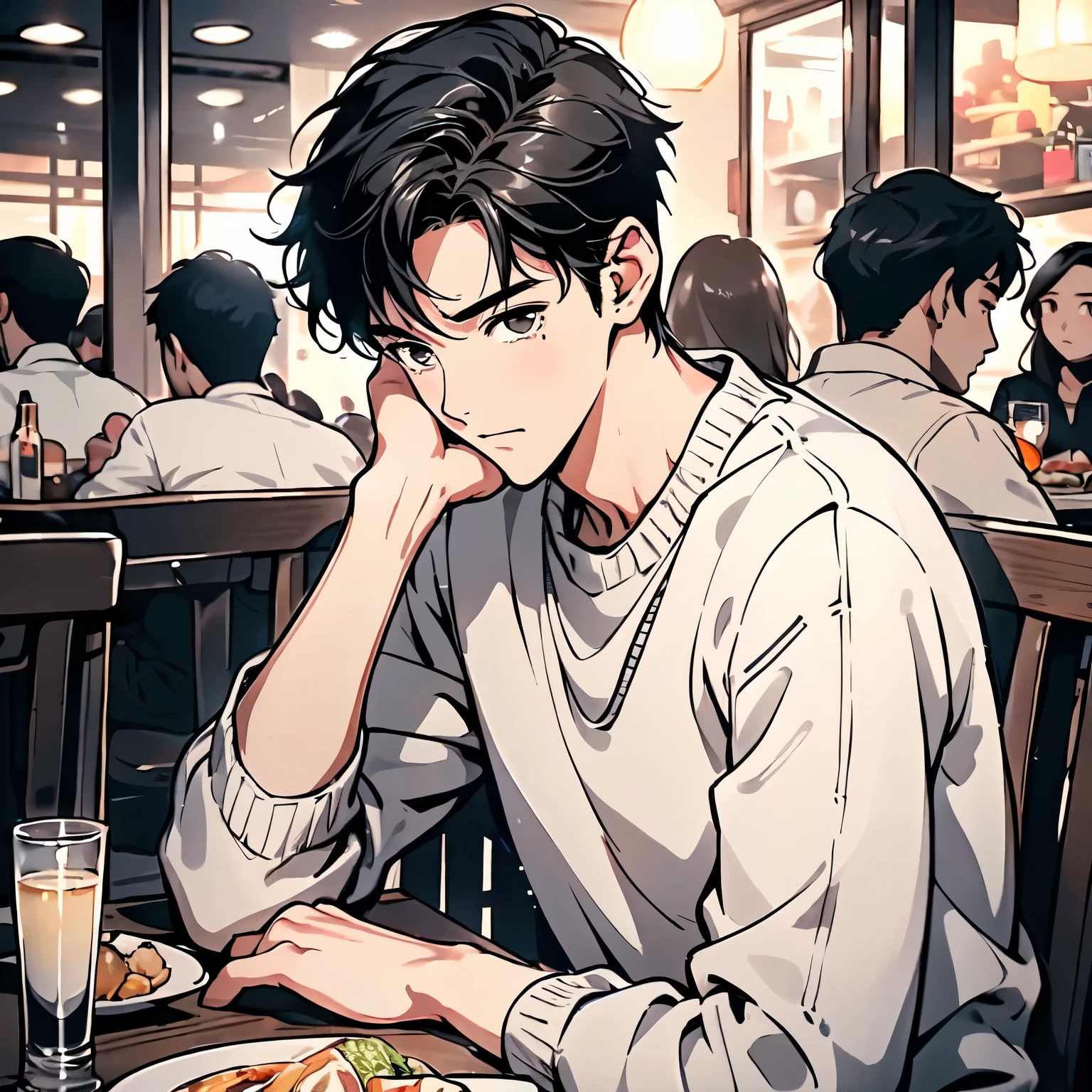 A black hair，18-year-old man in white sweater，Sitting at a table in a crowded restaurant，Sad expression，Laugh and cry，Crying and Tears（Upper body display：1.5）（cinematic lighting：1.5）)(ultra-high detail:1.5)(best quality:1.5)