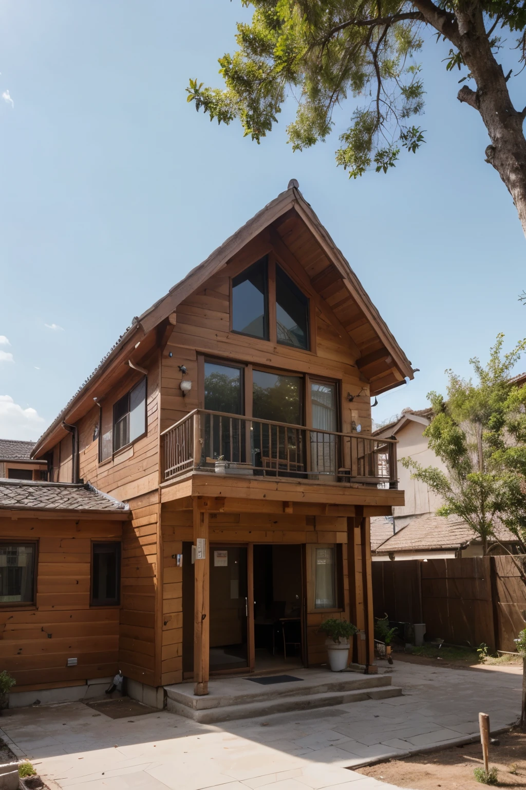 create an image of a one-story house that evokes comfort for the elderly, seja aconchegante. The main facade must have a wooden or cobogó sunshade and the roof must be ceramic((melhor qualidade)), ((obra de arte)), (detalhado)