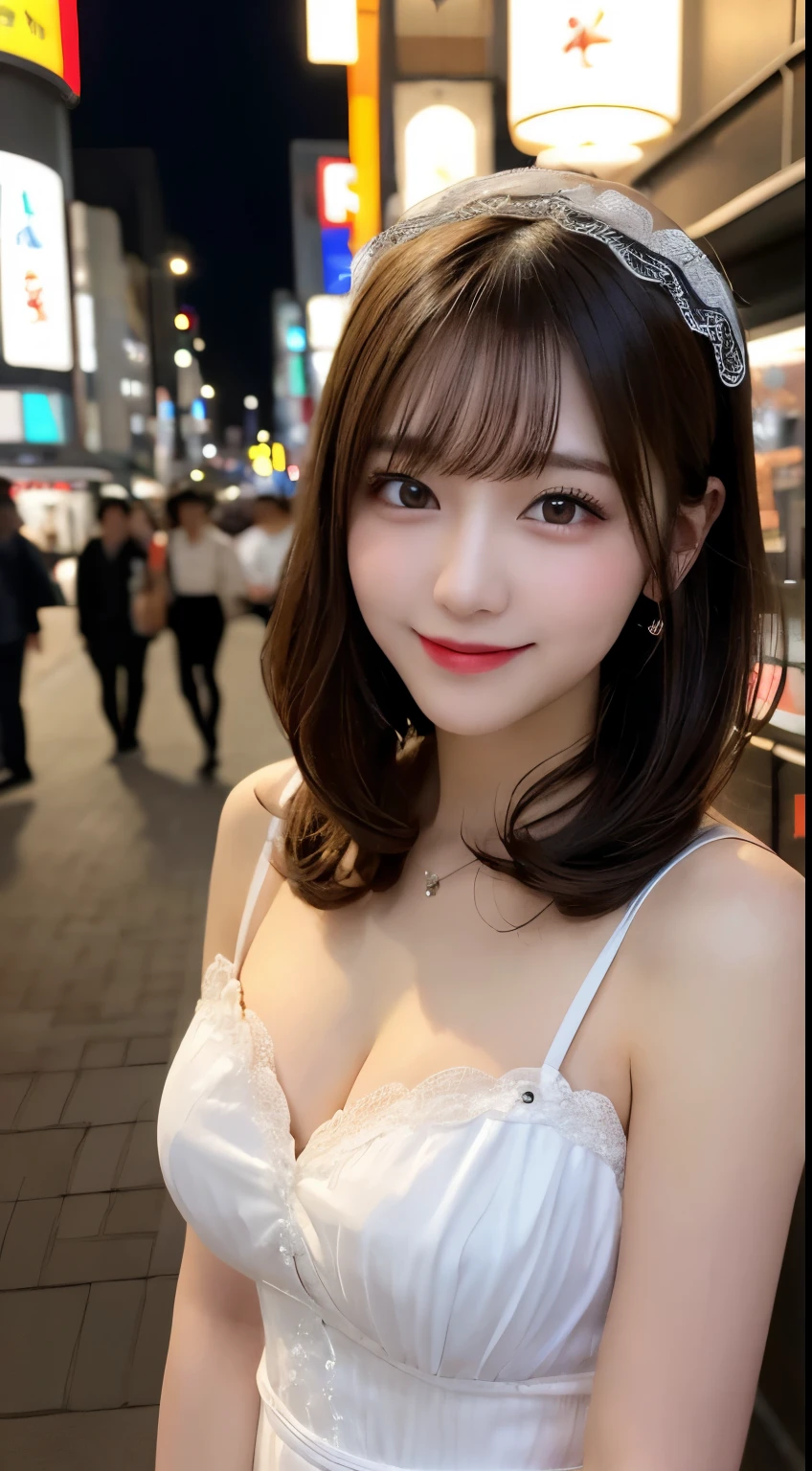 whole body, highest quality, figure, Very detailed, In detail, High resolution, 8k wallpaper, Perfect dynamic composition, Beautiful fine details, ta Fashion,Medium Hair, Center of chest, Natural color lip, Random sexy poses,smile,Tokyo at Night,smile,Cute girlfriend,