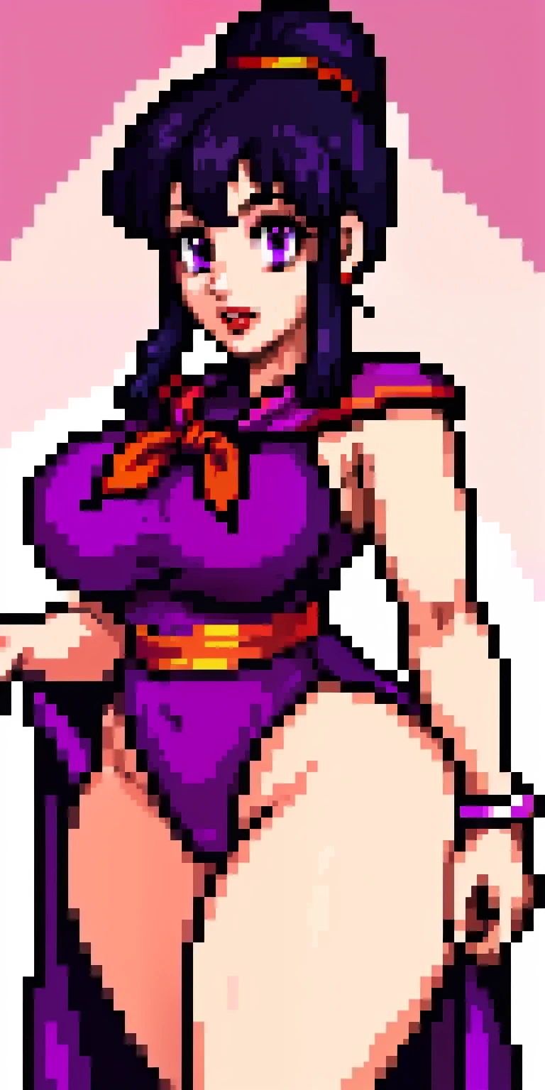 chichi_dbz, nsfw, pixelart, pixel art, red bimbo lips, beautiful eyes, inside_her_room, purple eyes, standing, solo, large_breasts, Purple_Dress_Orange_Neckerchief, masterpiece, best quality, detailed face, detailed eyes, highres, big breasts, biggest_behind, areola_under_dress, big_ass, thick_thighs, wide_hips, tight_thong, buttcrack_showing_ass, perfect_body, perfect_clothing,
