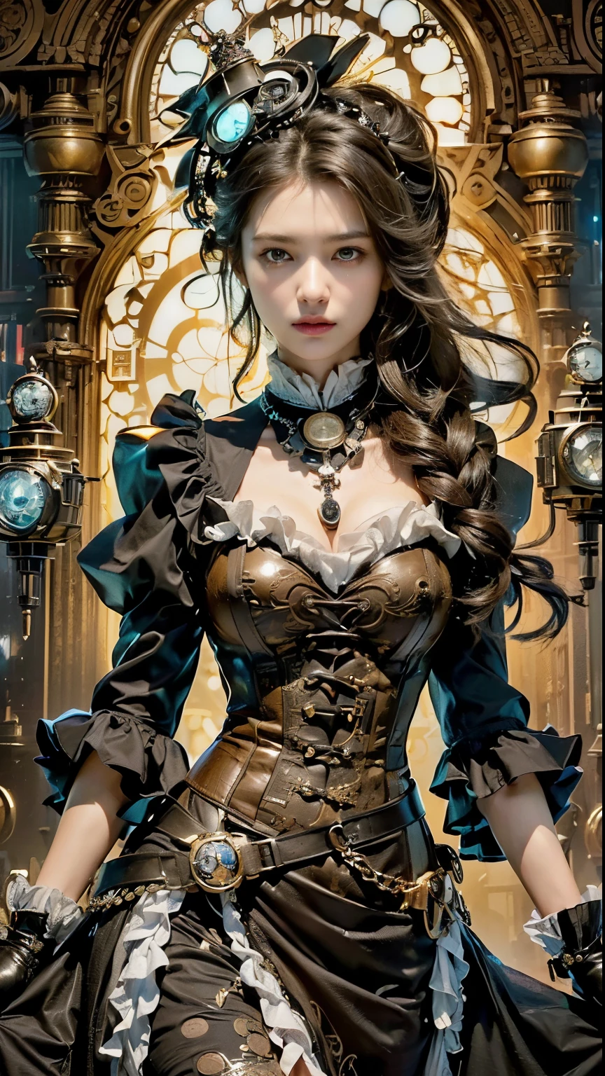 (((masterpiece, highest quality, Very detailed))), (((終わりのないmagic使いの少女, 14 years old, radiating magic))), (((Complex mechanical headgear, A fusion of the intricate mechanical nature of steampunk fashion, the over-the-top gothic fashion and the neon glow of cyberpunk fashion.))), Bust up photo, ((((Very detailedな顔))), (((Very sharp focused eyes))), Very large slitted dark grey eyes that sparkle like jewels. Very long eyelashes, Long vertically curled black hair, Thick bangs, Perfect princess cut, Very gorgeous tiara, (((Perfectly accurate human anatomy))), Long neck, Narrow shoulders, thin and long arms, Small breasts, Very small waist, Very small ass, Long, slender legs, (((Overall accuracy has been dramatically improved, creating Very detailed, Realistic and photo-realistic images)))), (((magic, magic spell light, magic weapon))), Dynamic pose, Cinema Lighting,