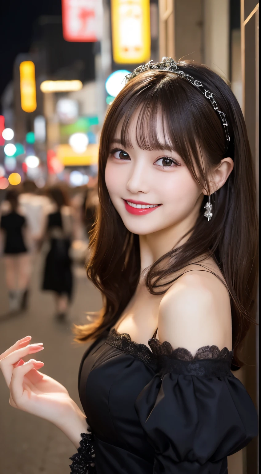 whole body, highest quality, figure, Very detailed, In detail, High resolution, 8k wallpaper, Perfect dynamic composition, Beautiful fine details, ta Fashion,Medium Hair, Center of chest, Natural color lip, Random sexy poses,smile,Tokyo at Night,smile,Cute girlfriend,