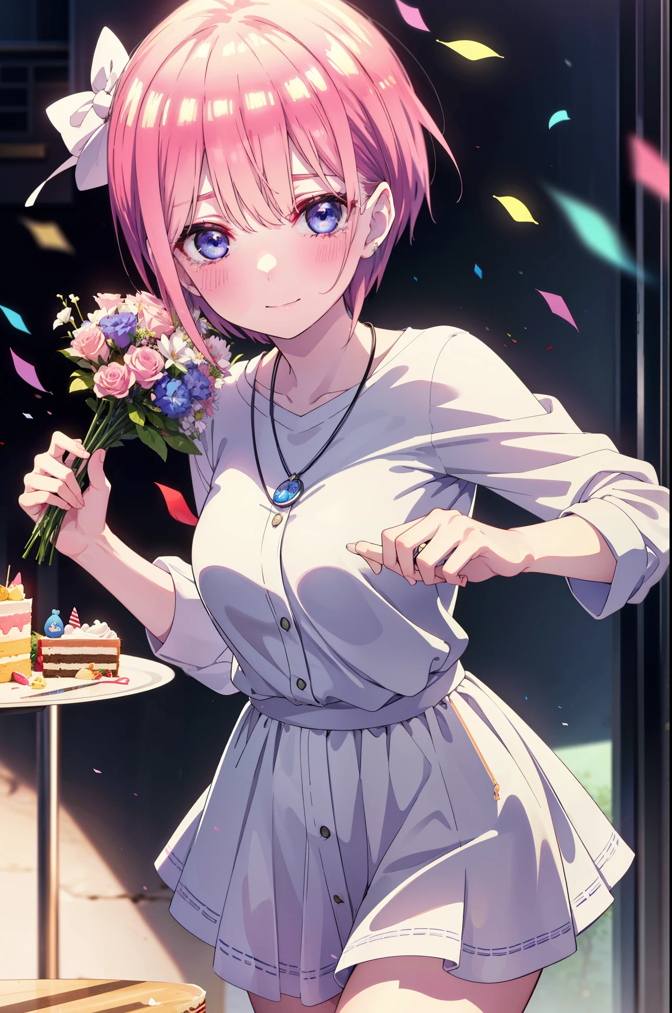 ichikanakano, ichika nakano, short hair, bangs, blue eyes, Hair between the eyes, smile,Pink Hair,,smile,blush,白色No sleeveドレス,Long skirt,White stiletto heels,No sleeve,naked,nakedの腕,nakedの首,nakedの鎖骨,holding a large bouquet of flowers in each hand,Locket Necklace,Confetti,There is a birthday cake on the table,Tears stream down her face,Sad and crying,Cry a lot,So that the whole body goes into the illustration,
break indoors, on stage,venue,
break looking at viewer, (Cowboy Shot:1.5),
break (masterpiece:1.2), highest quality, High resolution, unity 8k wallpaper, (shape:0.8), (Beautiful details:1.6), Highly detailed face, Perfect lighting, Highly detailed CG, (Perfect hands, Perfect ???????),