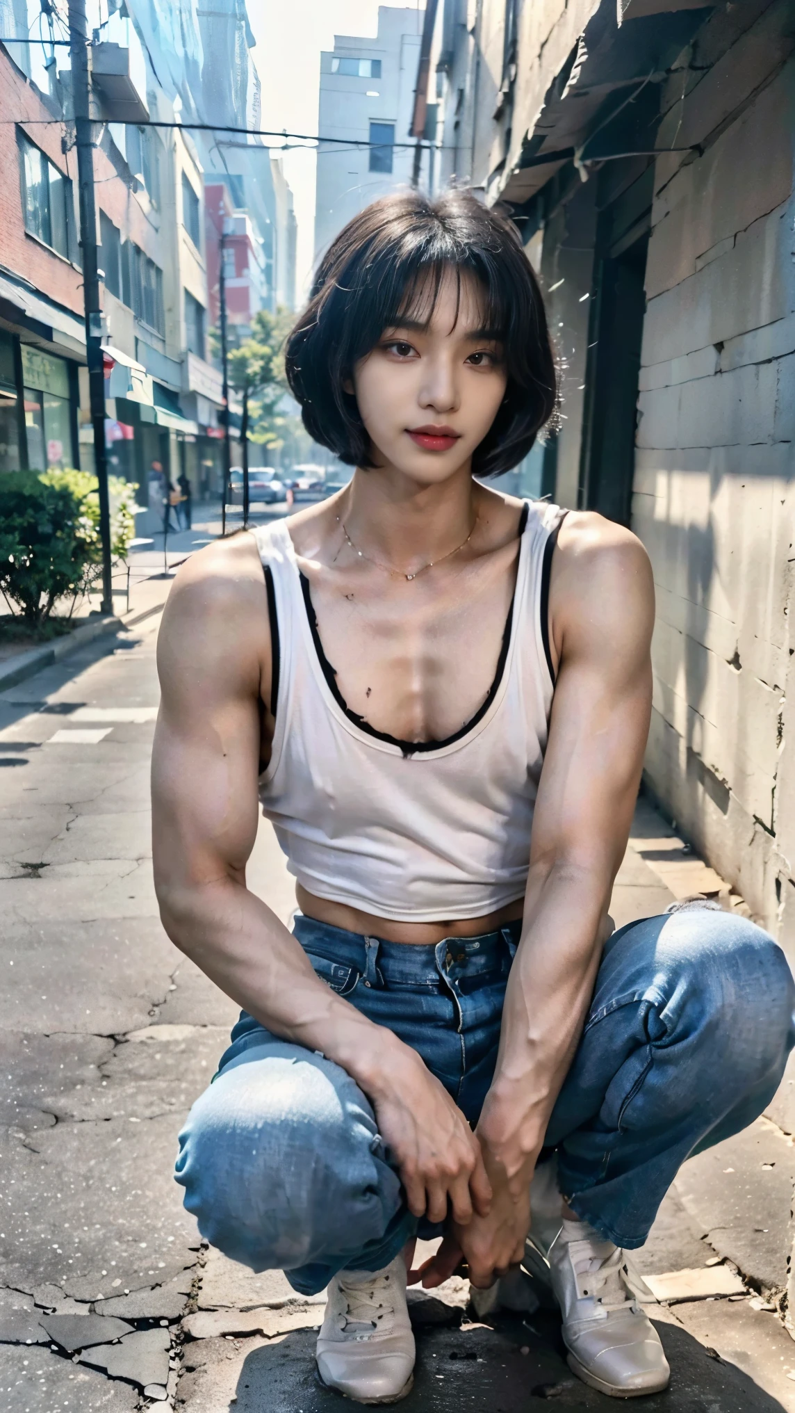 Realistic photos, 8k,Crouching,body is male,A woman with a beautiful face,17 years old,(((Bob cut ladyboy,transgender,otokonoko,Male chest,No bulge in the chest))),((Full body view,Flat Chest,Very muscular,Body fat percentage10％,Muscles like athletes,Macho,massive)),(((I&#39;m in the garbage dump,Homeless,beggar,Pale face,It is dirty,Bad smell,dirty,odor,Homeless,Depraved,Handsome young Korean ladyboy with bob cut))),((Scavenging through trash)),(((Very big eyes,Expressionless,looking at the camera,Frowning))),(Ultra-realistic), (High resolution), (8k), (Very detailed), (Best Illustration), (Beautiful fine details), (highest quality), (Super detailed), (masterpiece), (Detailed face), ,alone,Black hair bob cut,(((A girl with makeup on her face,The body is a perfect man))), Dirty black hoodie,Transgender,Korean,kpop,