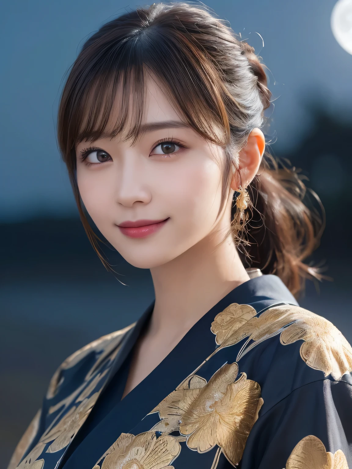 Kimono beauty, body portrait, 8K, thin and beautiful eyes, Dindal effect, masterpiece, top quality, high quality, high resolution, very detailed photo, (natural skin texture, fine skin, hyperrealism, super sharpness) , high detail skin, (very fine, fine skin texture, intricate details, ponytail, beautiful face, (real-like face), realistic eyes, beautifully detailed eyes, realistic skin, beautiful skin, hyper reality target, highly detailed, golden ratio, smiling eyes, ((night moonlight background) )), body portrait, G cup, big breasts, huge breasts, big breasts, glamorous,