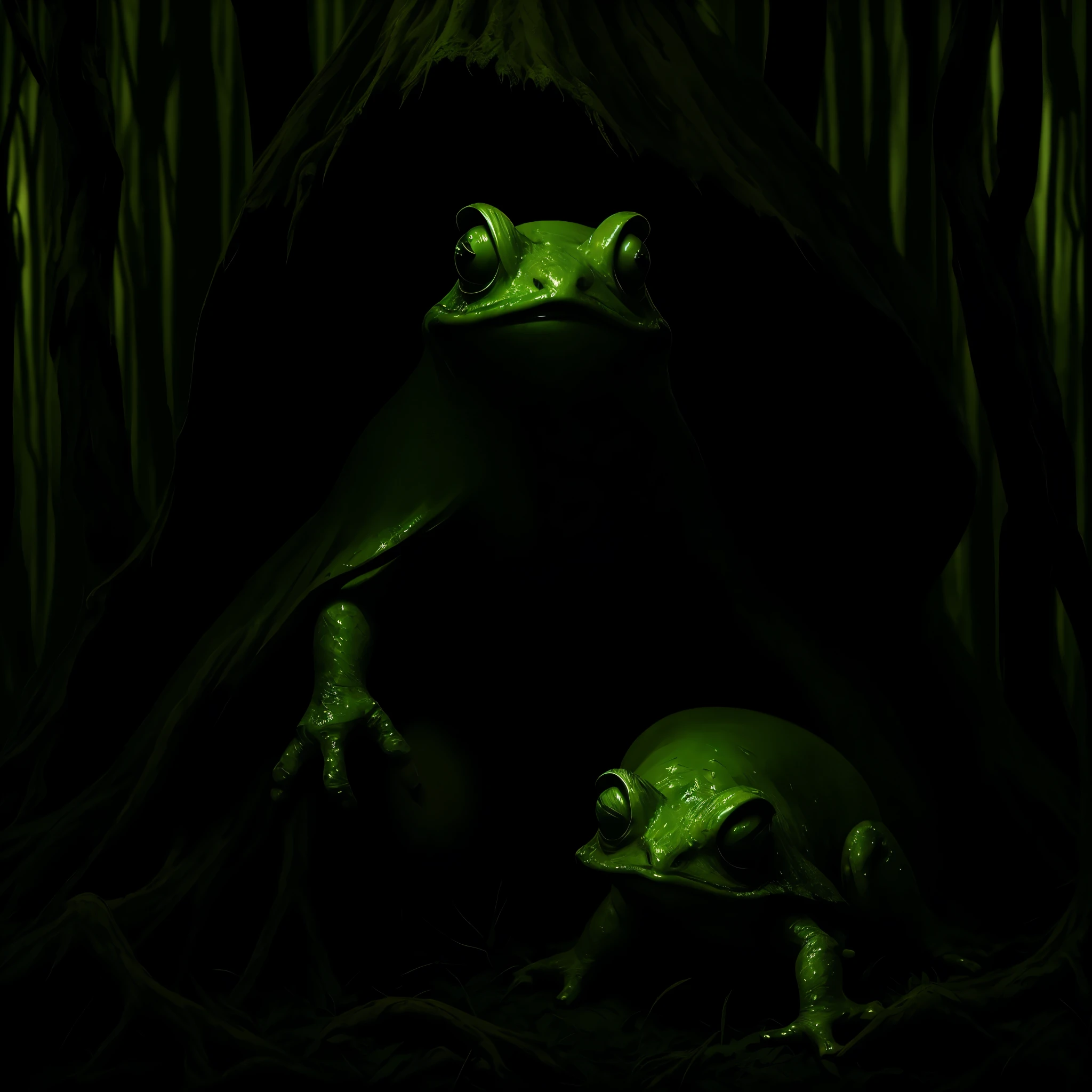 (best quality,highres:1.2),(realistic:1.37),ultra-detailed,a creepy toad,enormous in size,brightly colored,stalks through an ancient forest,tentacle tongue,thick and slimy skin,dark,ominous atmosphere,gloomy shadows,misty fog,gnarled trees,twisted branches,moss-covered rocks,dappled sunlight,unearthly glow,spooky ambiance,dense undergrowth,crunching leaves underfoot,haunting presence,unsettling silence,distant whispers,Cthulhu-like creature,mythical world,mysterious aura,
