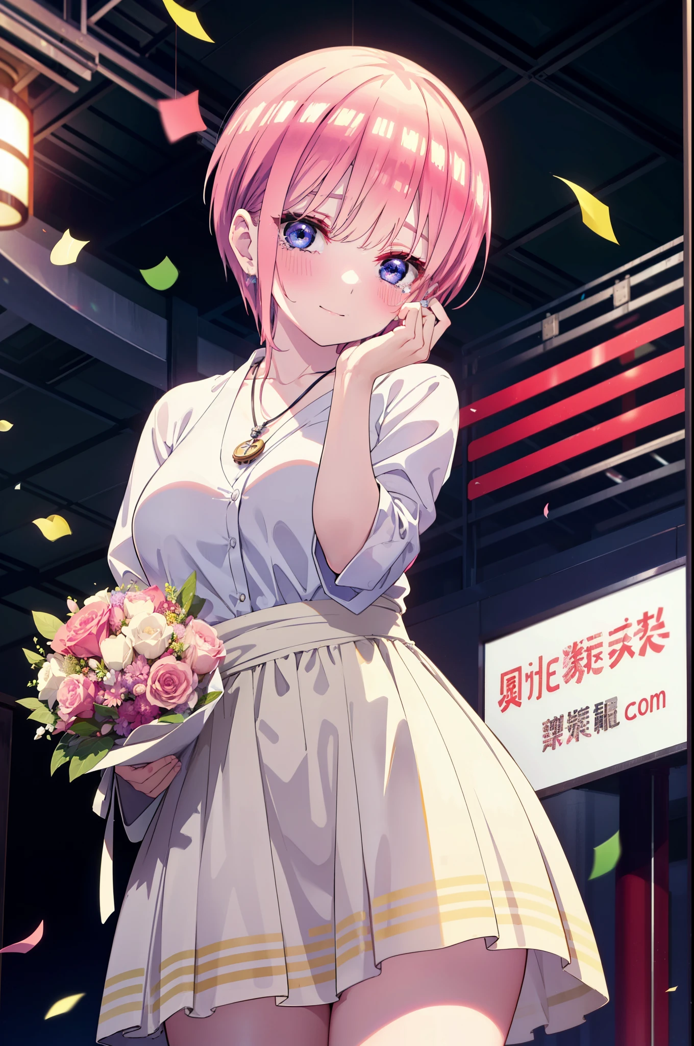 ichikanakano, ichika nakano, short hair, bangs, blue eyes, Hair between the eyes, smile,Pink Hair,,smile,blush,白色No sleeveドレス,Long skirt,White stiletto heels,No sleeve,naked,nakedの腕,nakedの首,nakedの鎖骨,holding a large bouquet of flowers in each hand,Locket Necklace,Confetti,There is a birthday cake on the table,Tears stream down her face,Sad and crying,Cry a lot,So that the whole body goes into the illustration,
break indoors, on stage,venue,
break looking at viewer, (Cowboy Shot:1.5),
break (masterpiece:1.2), highest quality, High resolution, unity 8k wallpaper, (shape:0.8), (Beautiful details:1.6), Highly detailed face, Perfect lighting, Highly detailed CG, (Perfect hands, Perfect Anatomy),