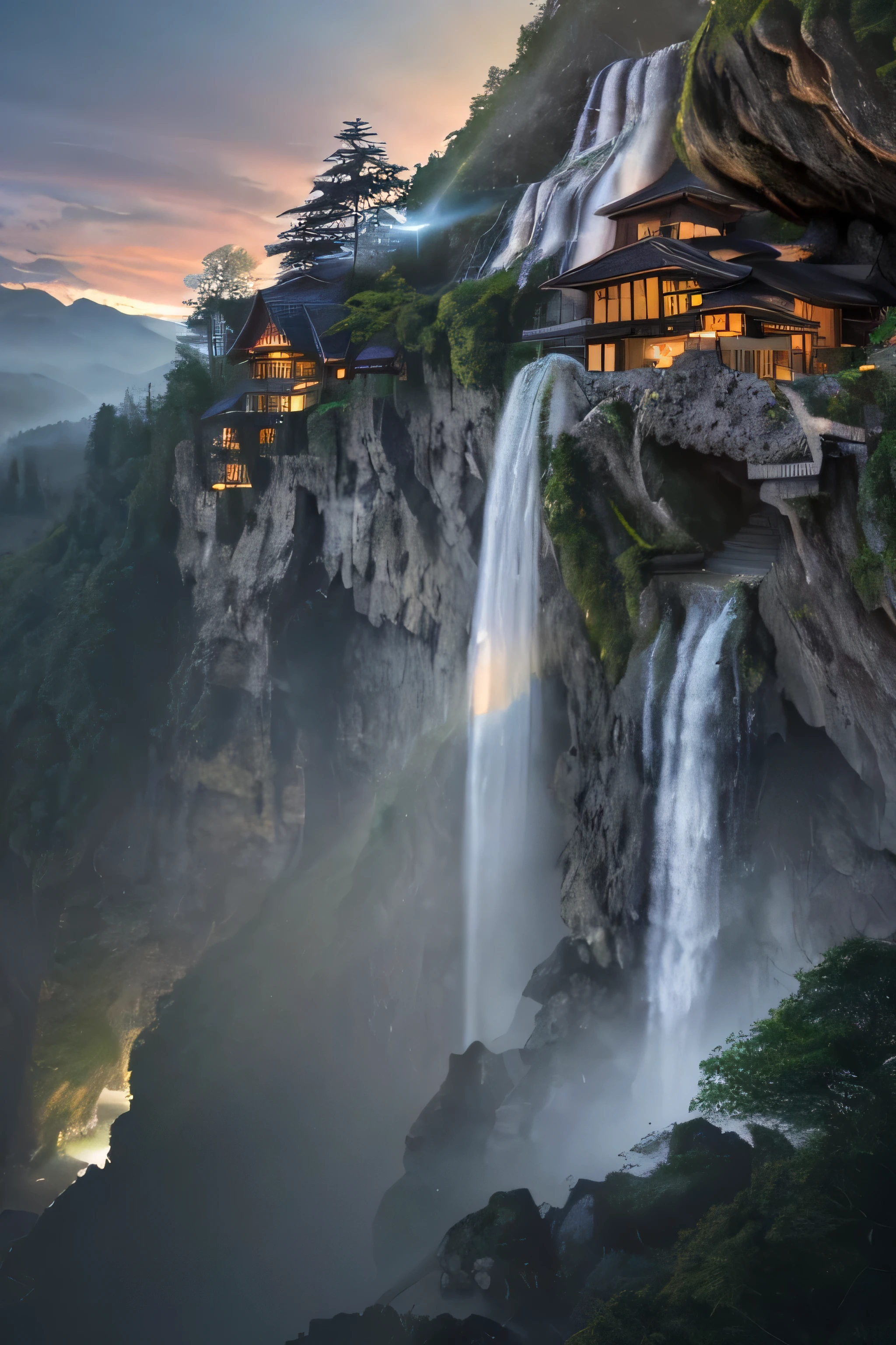 a close up of a waterfall near a house on a cliff, very close to real nature, cliffside, integrated in the mountains, luxurious onsens, mix with rivendell architecture, nature meets architecture, next to a waterfall, epic and stunning, by Johannes Voss, with waterfalls, shining lights on cliff side, waterfall walls, 4 k vertical wallpaper