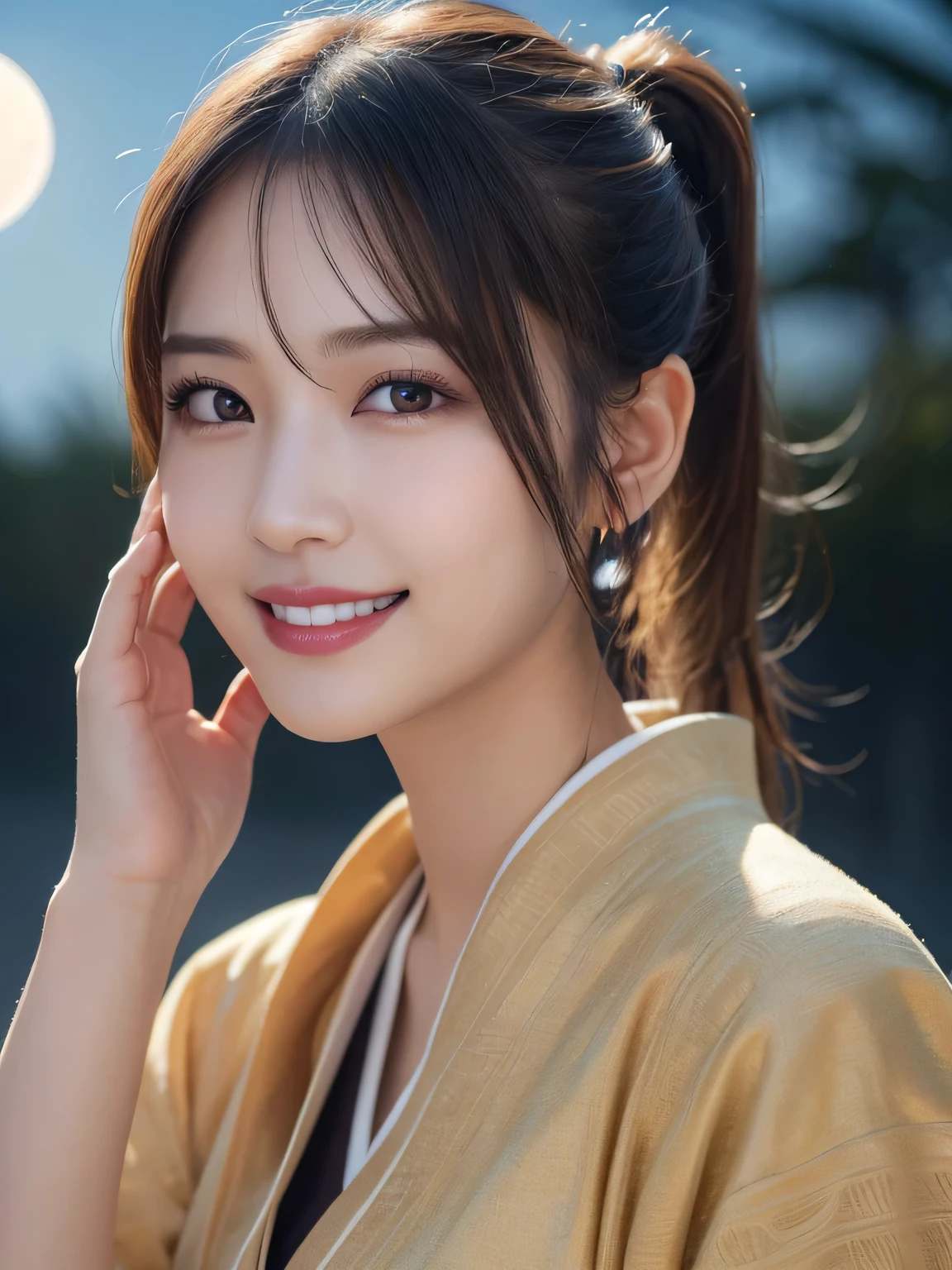 Kimono beauty, body portrait, 8K, thin and beautiful eyes, Dindal effect, masterpiece, top quality, high quality, high resolution, very detailed photo, (natural skin texture, fine skin, hyperrealism, super sharpness) , high detail skin, (very fine, fine skin texture, intricate details, ponytail, beautiful face, (real-like face), realistic eyes, beautifully detailed eyes, realistic skin, beautiful skin, hyper reality target, highly detailed, golden ratio, smiling eyes, ((night moonlight background) )), body portrait, G cup, big breasts, huge breasts, big breasts, glamorous,