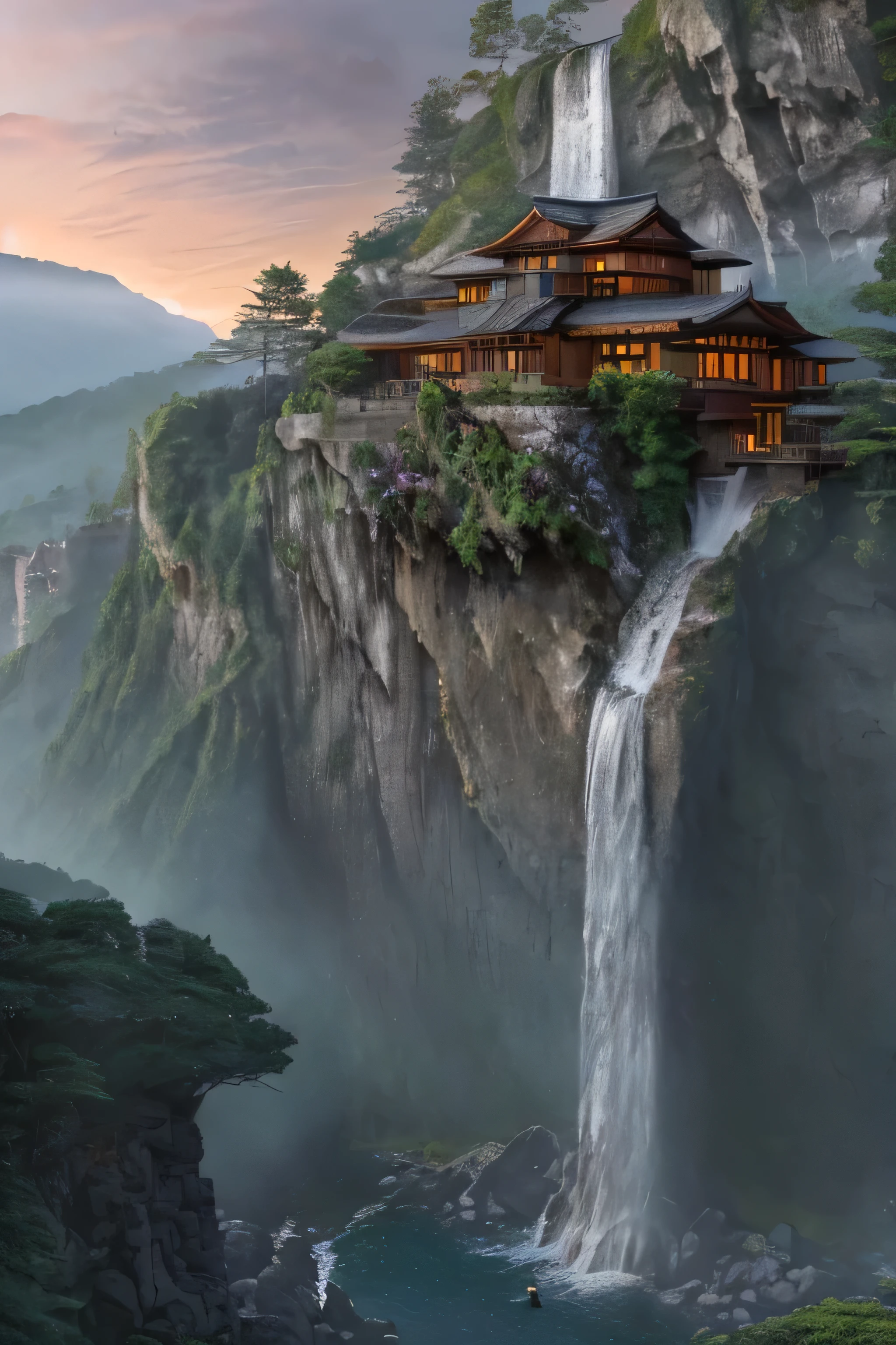 a close up of a waterfall near a house on a cliff, very close to real nature, cliffside, integrated in the mountains, luxurious onsens, mix with rivendell architecture, nature meets architecture, next to a waterfall, epic and stunning, by Johannes Voss, with waterfalls, shining lights on cliff side, waterfall walls, 4 k vertical wallpaper