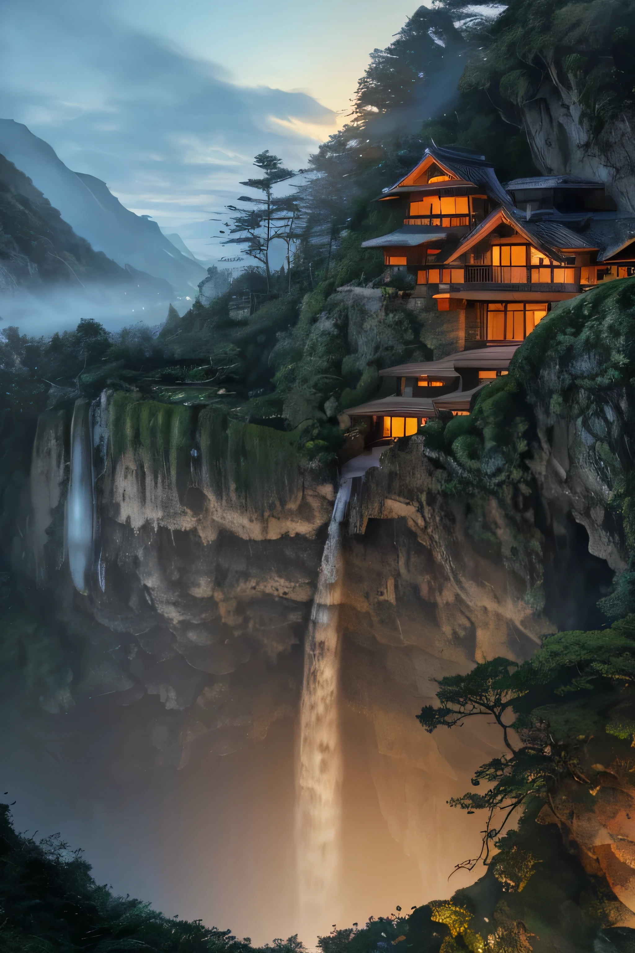 a close up of a waterfall near a house on a cliff, very close to real nature, cliffside, integrated in the mountains, luxurious onsens, mix with rivendell architecture, nature meets architecture, next to a waterfall, epic and stunning, by Johannes Voss, with waterfalls, shining lights on cliff side, waterfall walls, 4 k vertical wallpaper