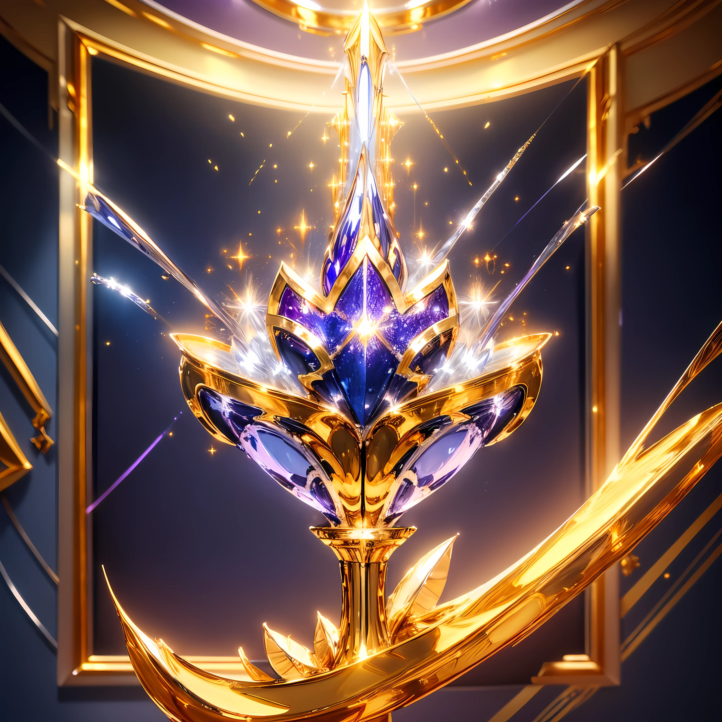 super high quality, 8k, RAW photo, realistic, detailed and delicate depiction and flashy and dynamic painting method, painting hung in a dimly lit room, light up in an artistic blue-purple color, (prop shiny gold plated and shiny silver plated:1.7), art work