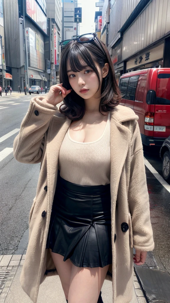 muste piece, best quality, illustration, Super detailed, fine details, High resolution, 8K,wall paper, perfect dynamic composition,(Details High quality, realistic depiction of eyes:1.3), short hair, (wavy hair:1.2), Gorgeous and stylish black fluffy latest trend Tokyo winter clothes, (Elegant and high quality coat:1.1)、(The perfect and most natural light brown coat:1.1), tanktop, A-line skirt, Layered Cut, black hair color, Big Natural Color Lip, sexy pose, crying a little、cold gaze, Harajuku style、20 year old girl、cute type、lolita, hposing Gravure Idol, full body photo、focus on crotch, huge breasts