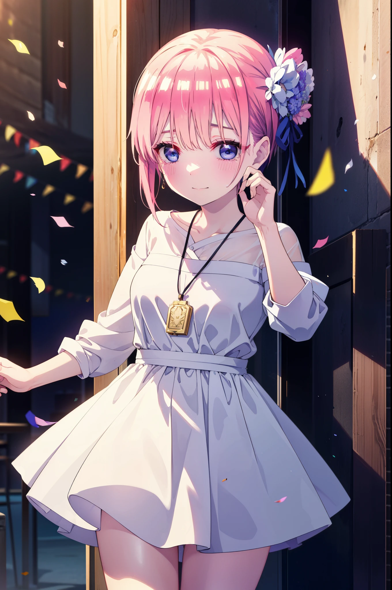 ichikanakano, ichika nakano, short hair, bangs, blue eyes, Hair between the eyes, smile,Pink Hair,,smile,blush,白色Sleevelessドレス,Long skirt,White stick mm,ðrŕ⁴Heel,Sleeveless,naked,nakedの腕,nakedの首,nakedの鎖骨,holding a large bouquet of flowers in each hand,Locket Necklace,Confetti,There is a birthday cake on the table,Tears stream down her face,Sad and crying,I cry a lot,As if your whole body is in the illustration,
break indoors, on stage,venue,
break looking at viewer, (Cowboy Shot:1.5),
break (masterpiece:1.2), highest quality, High resolution, unity 8k wallpaper, (shape:0.8), (Beautiful details:1.6), Highly detailed face, Perfect lighting, Extremely detailed CG, (Perfect hands, Perfect Anatomy),