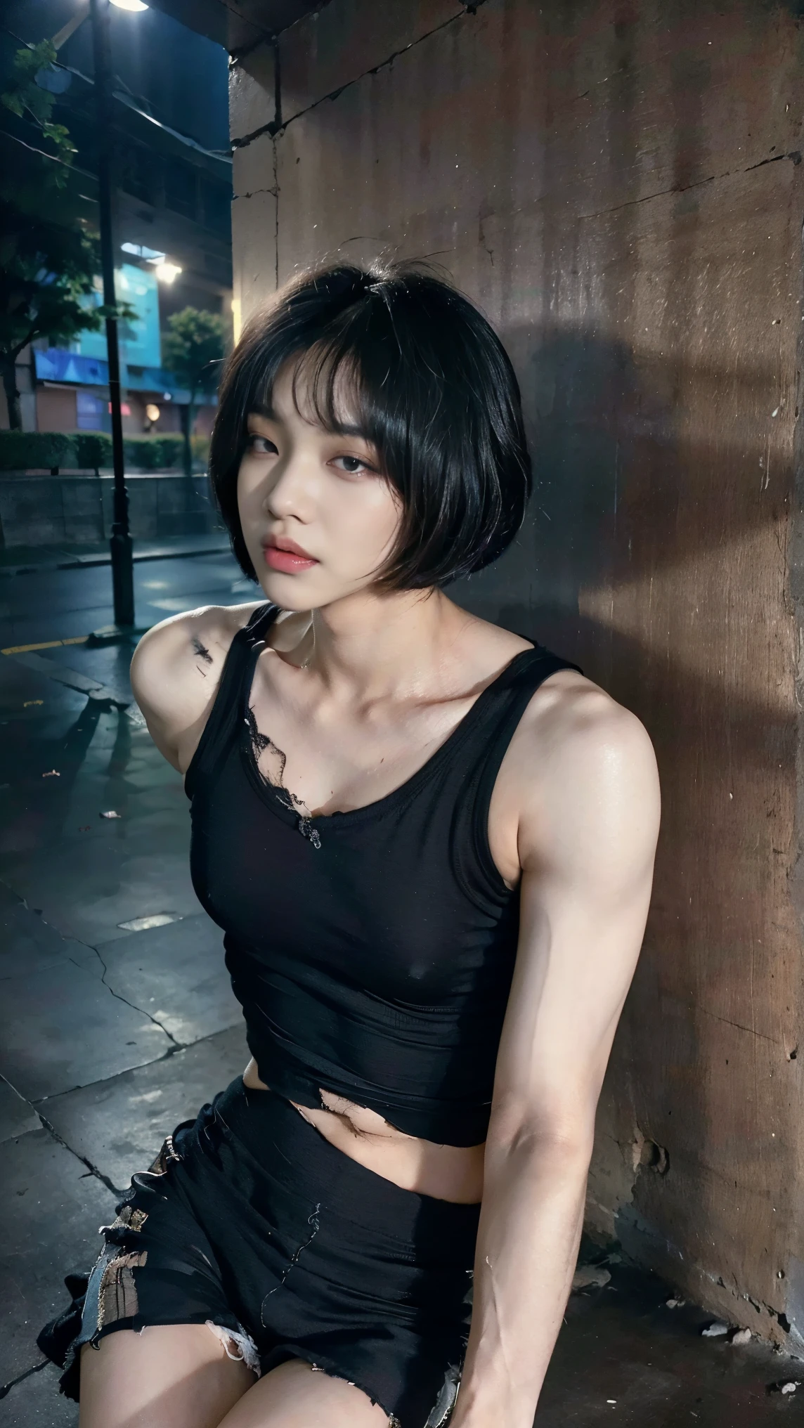 Realistic photos, 8k,Crouching,body is male,A woman with a beautiful face,,(((Bob cut ladyboy,transgender,otokonoko,Male chest,No bulge in the chest))),((Full body view,Flat Chest,Very muscular,Body fat percentage10%,Muscles like athletes,Macho,massive)),(((bustling street,Homeless,beggar,Pale face,It is dirty,Bad smell,dirty,odor,Homeless,Depraved,Handsome young Korean ladyboy with bob cut))),(((Very big eyes,Angry face,looking at the camera,Frowning))),Chest is male,(Ultra-realistic), (High resolution), (8k), (Very detailed), (Best Illustration), (Beautiful fine details), (highest quality), (Super detailed), (masterpiece), (Detailed face), ,alone,Black hair bob cut,(((A girl with makeup on her face,The body is a perfect man))), dirty black tank top,Transgender,Korean,kpop,完璧な筋肉質なMale chest