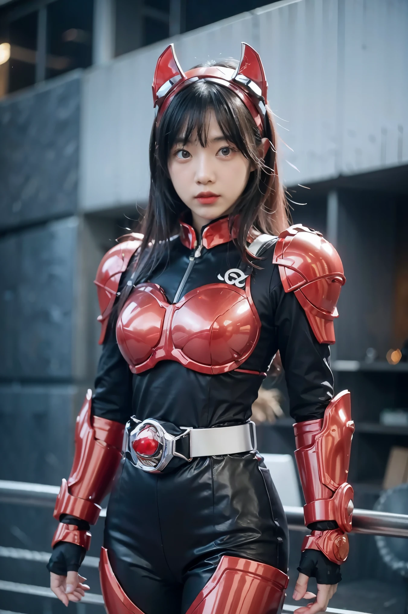 1girl, solo, 8K， Top，hentail realism、Front lighting，Kamen Rider Scarlet_Sun。Metallic body，Crimson shone with a silver glow、Wear a deformed belt、Burn with a righteous heart, She follows the minions of evil々Defeat。The fighting intensified、The last enemy appears。Special moves(Crimson crushed)、Kamen Rider illuminates the darkness。