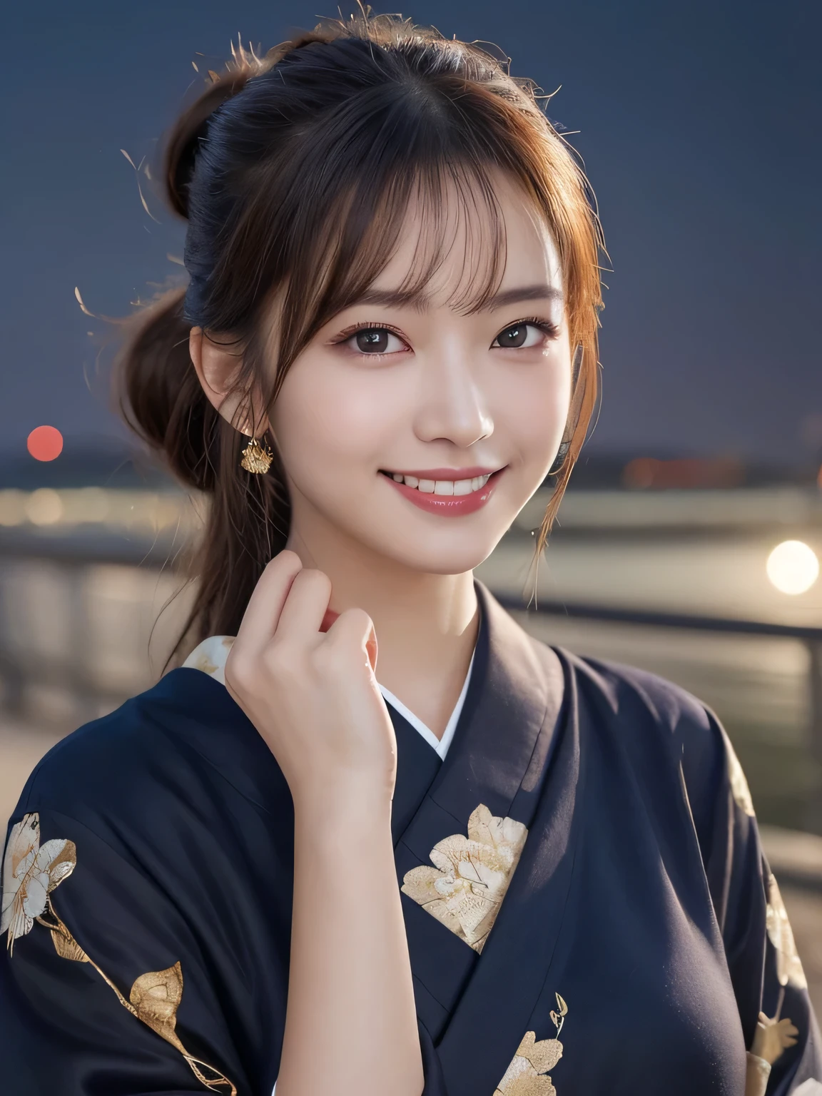 Kimono beauty, body portrait, 8K, thin and beautiful eyes, Dindal effect, masterpiece, top quality, high quality, high resolution, very detailed photo, (natural skin texture, fine skin, hyperrealism, super sharpness) , high detail skin, (very fine, fine skin texture, intricate details, ponytail, beautiful face, (real-like face), realistic eyes, beautifully detailed eyes, realistic skin, beautiful skin, hyper reality target, highly detailed, golden ratio, smiling eyes, ((night moonlight background) )), body portrait, G cup, big breasts, huge breasts, big breasts, glamorous,