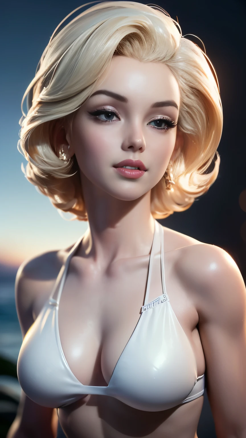 Full body photo of Marilyn Monroe, RAW, Beautiful woman , ((detailed face:1.2)), ((detailed facial feature, detailed skin, Clean skin), (perfectly proportional body), (in a white leather bikini) (high detailed nature environment, laguna beach), (realistic photo, Best quality, detailed), (8K wallpaper), (cinematic lighting, Dramatic lighting) (sharp focus, difficult)