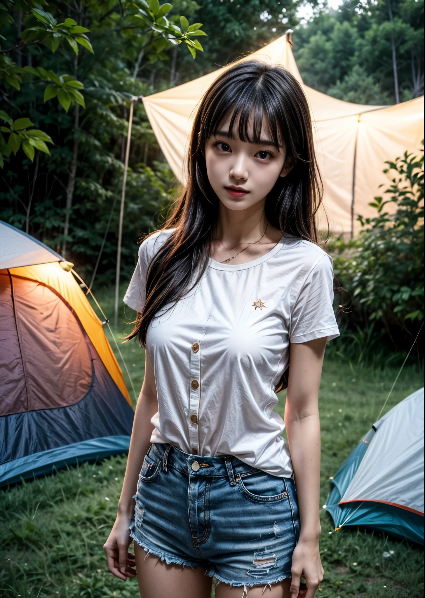 A woman doing solo camping at night、Cute 20 year old、Short sleeve shirt with buttons、Shorts、Slim body、Long hair with bangs、A clear stream flows、A makeshift tent can be seen behind her.、in the forest、The stars are out、Sharp images、High color reproducibility、Attention to detail、live-action、Alluring、