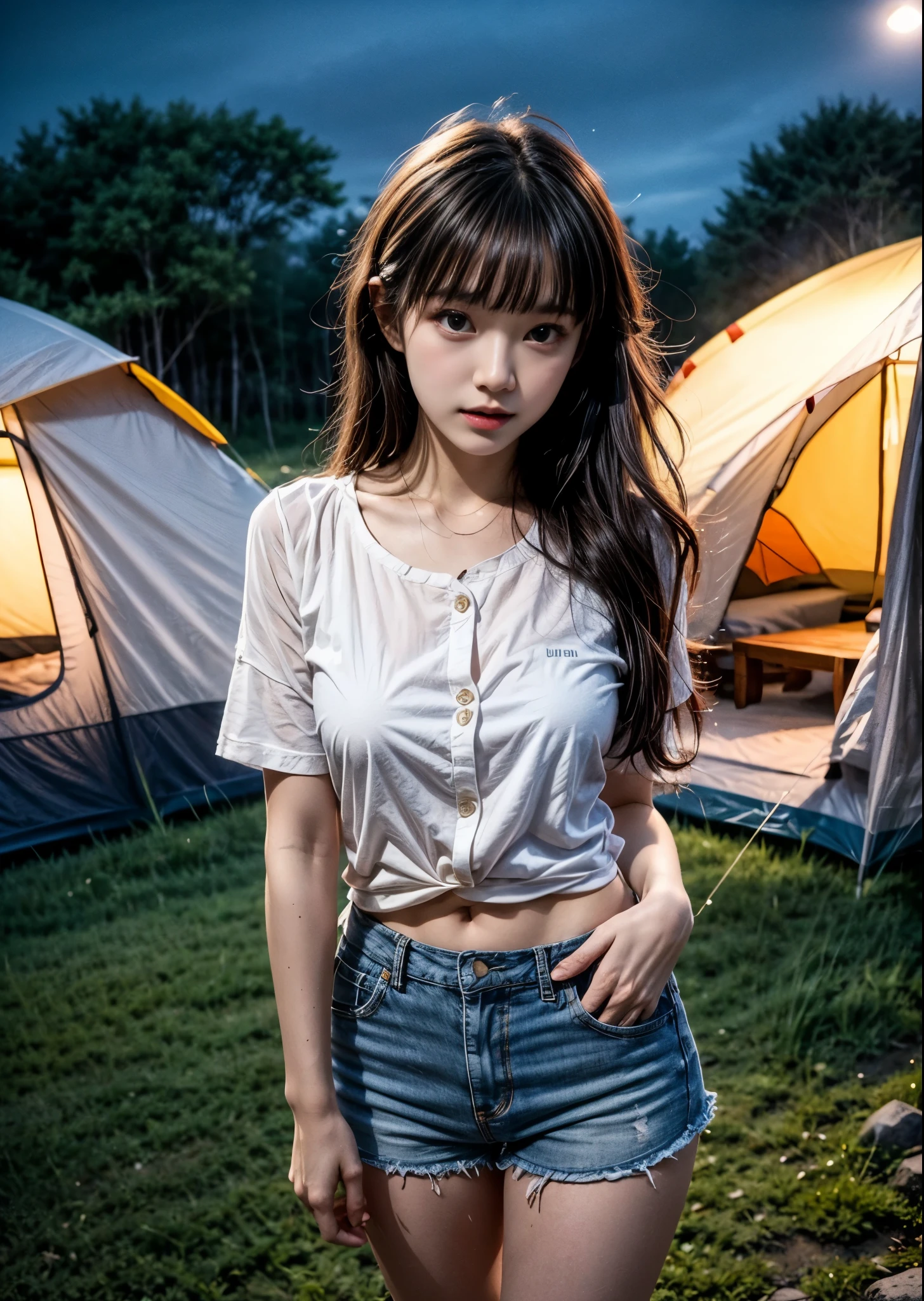 A woman doing solo camping at night、Cute 20 year old、Short sleeve shirt with buttons、Shorts、Slim body、Long hair with bangs、A clear stream flows、A makeshift tent can be seen behind her.、in the forest、The stars are out、Sharp images、High color reproducibility、Attention to detail、live-action、Alluring、