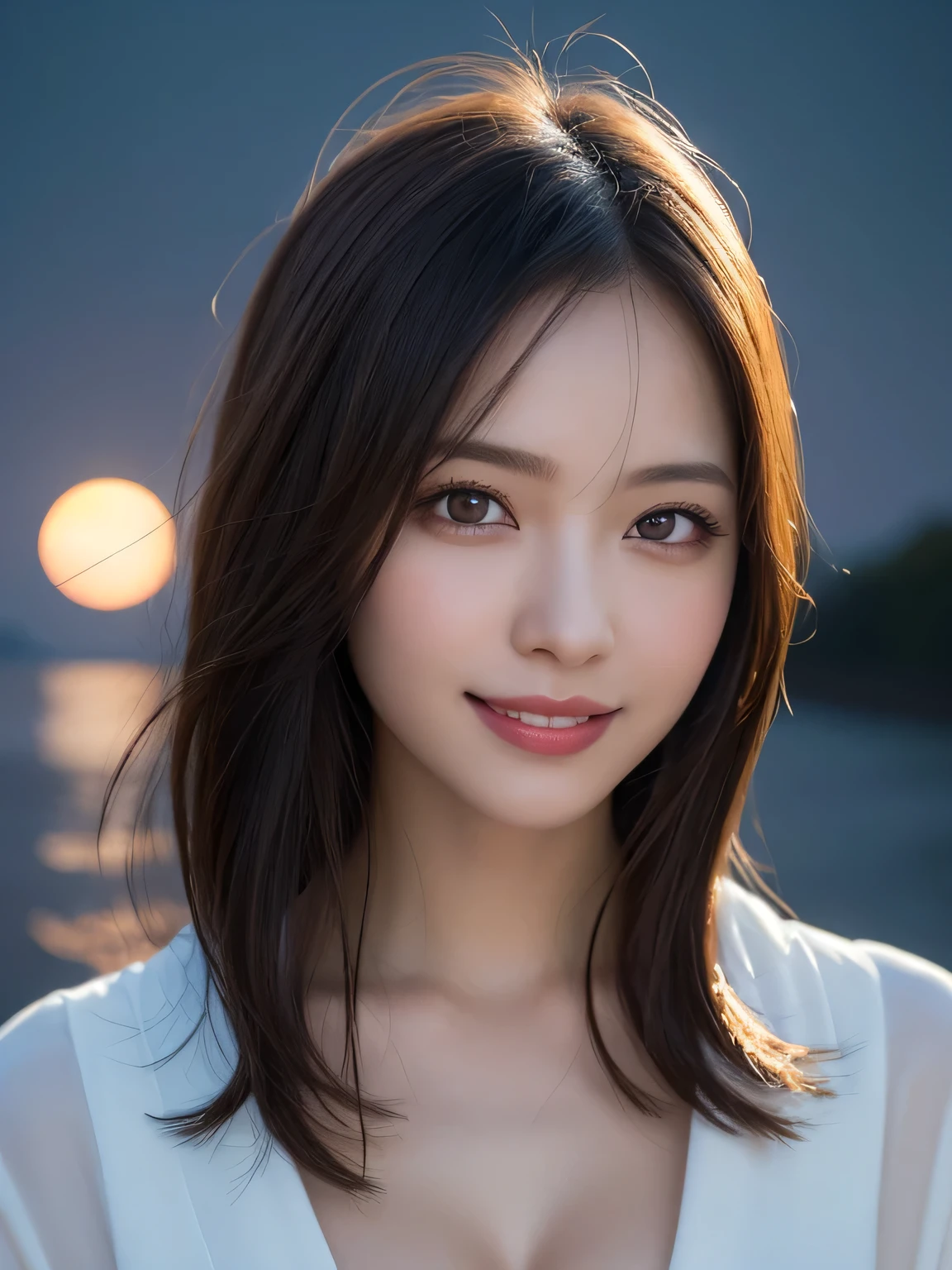 Kimono beauty, body portrait, 8k, thin and beautiful eyes, Dindal effect, masterpiece, top quality, high quality, high resolution, very detailed photo, (natural skin texture, fine skin, hyper realism, super sharpness) , high detail skin, (very fine, fine skin texture, intricate details, beautiful face, (real-like face), realistic eyes, beautifully detailed eyes, realistic skin, beautiful skin, surreal, Highly detailed, golden ratio, smiling eyes, ((night moonlight background)), body portrait, G cup, big breasts, huge breasts, big breasts, glamorous, shiny bodysuit