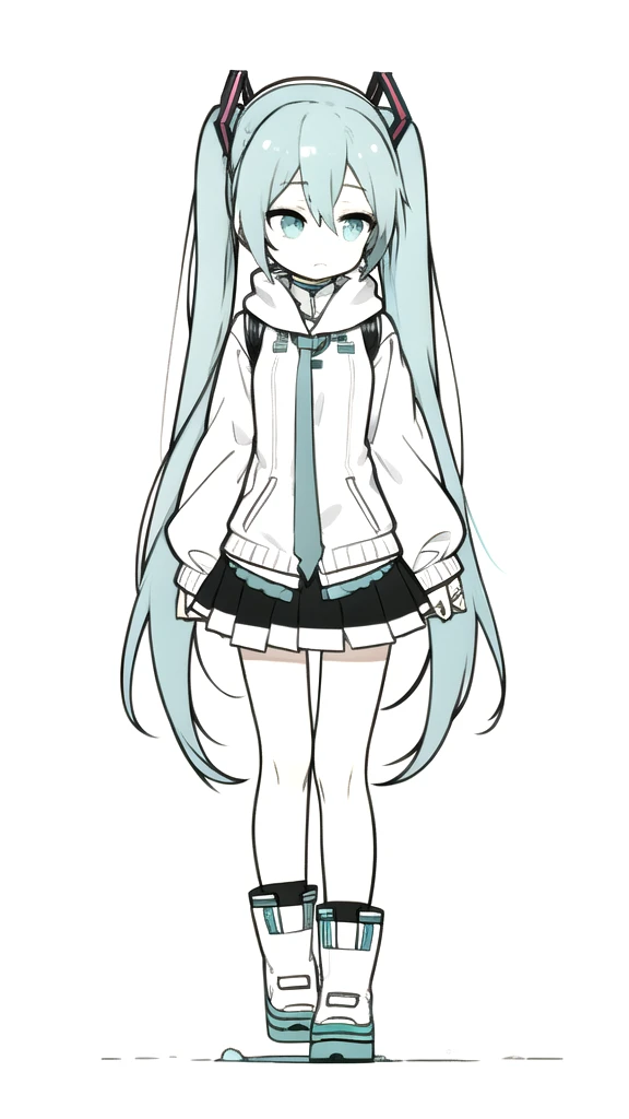 best quality, chibi, 1 girl,  miku, Hatsune Miku, (full body), Pure white background,Vivid,clearly,sad face,rain,Walking,snow