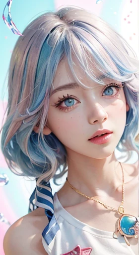 （masterpiece、best quality、high resolution），（Colorful background，（splash of conk splatter，splash of color）），Sweet girl，Blue pink medium long hair，[light blue|pink]hair，curls，blue eyes，flash，pink lips，（Splash color，（white shirt），front，Whole BodyEsbian:0.6，Volumetric lighting，splash of color，Color explosion，Surrounded by colorful splashes