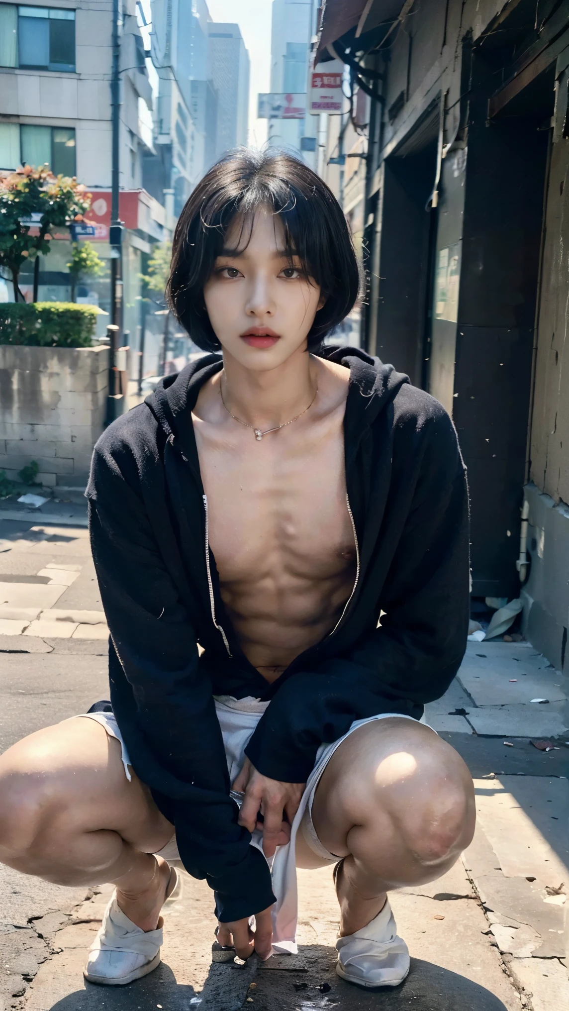 Realistic photos, 8k,Crouching,body is male,A woman with a beautiful face,17 years old,(((Bob cut ladyboy,transgender,otokonoko,Male chest,No bulge in the chest))),((Full body view,Flat Chest,Very muscular,Body fat percentage10％,Muscles like athletes,Macho,massive)),(((bustling street,Homeless,beggar,Pale face,It is dirty,Bad smell,dirty,odor,Homeless,Depraved,Handsome young Korean ladyboy with bob cut))),(((Very big eyes,Angry face,looking at the camera,Frowning))),Chest is male,(Ultra-realistic), (High resolution), (8k), (Very detailed), (Best Illustration), (Beautiful fine details), (highest quality), (Super detailed), (masterpiece), (Detailed face), ,alone,Black hair bob cut,(((A girl with makeup on her face,The body is a perfect man))), Wearing a dirty black hoodie,Transgender,Korean,kpop,完璧な筋肉質なMale chest