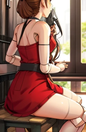 A Female robot is sleeping in the book, spread legs, nude, banzai pose. she wears no dress. She Brown short hair is tied with two big red clothespins, She lifts up the under hem of her white plain dress, leaning over, masterpiece, very short pigtails,brown hair, mature, android, blue eyes, full body figure, Height: 160cm, flushed cheeks, 2020s anime picture, A beautiful robot with short brown hair in two short pigtails held up by two very large huge red clothespins, Uplifting, No NSFW, whole body, barefoot, archaic smile, getting ??????, 25 years old, sweat bucket.