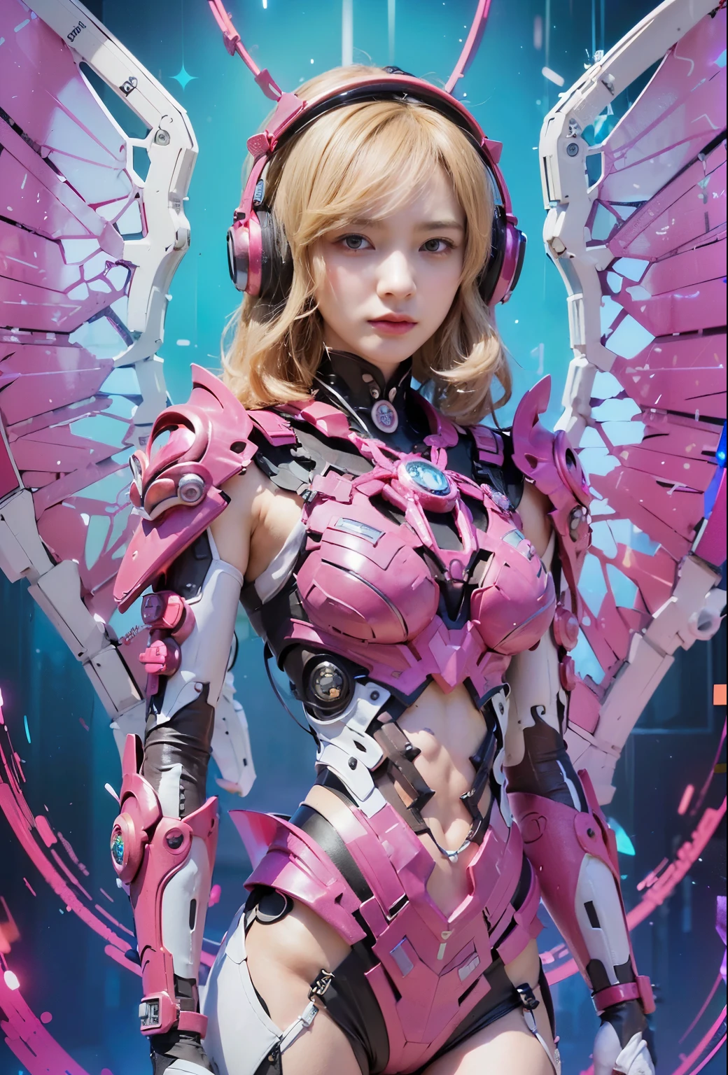 (Best Quality, 4K, 8K, High Resolution, Masterpiece: 1.2), (Super Detailed, Realistic, Photorealistic:1.37), A woman in futuristic clothing, Trending on cgstation, Trending on cgstation, (Portrait of a girl in the Knights of the Zodiac:1.4), blunt bangs, Cute Cyborg Girl, Perfect android girl, Portrait Astronaut Girl, Beautiful girl cyborg, (Girl wearing iridescent pink mechanical cyber armor:1.3), Game CG, cgsociety and fenghua zhong, Beautiful Cyborg Shrine Maiden, Bioluminescence, (Yua Yaiba:0.5), (Golden eyes:1.5), Anatomically correct grip, (Sharp and long claws:1.4), erotic and sexy, black