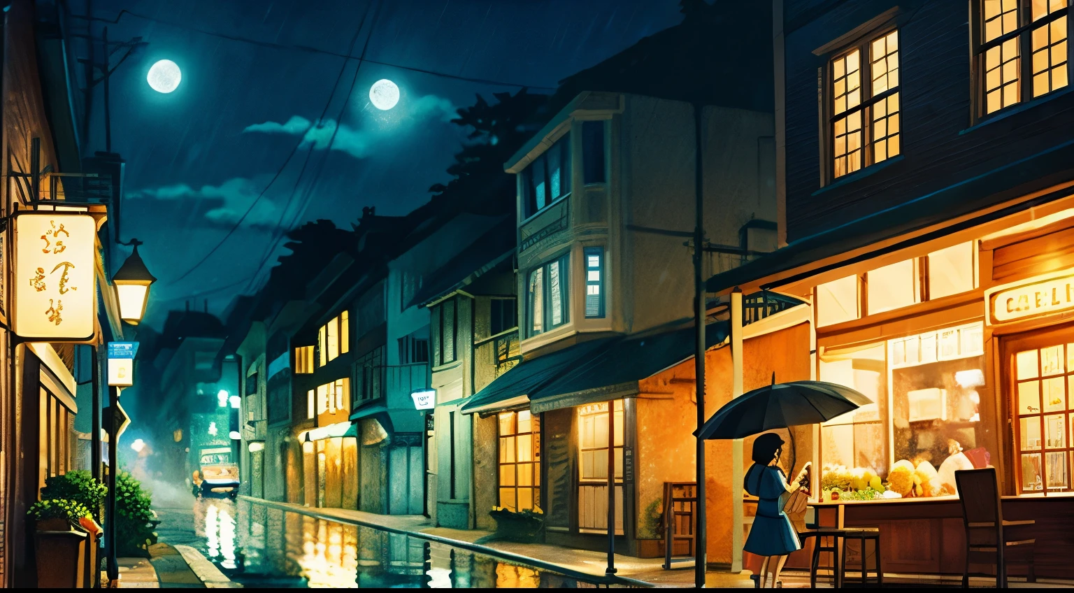 rain　Cafe　night　Ghibli-style illustrations