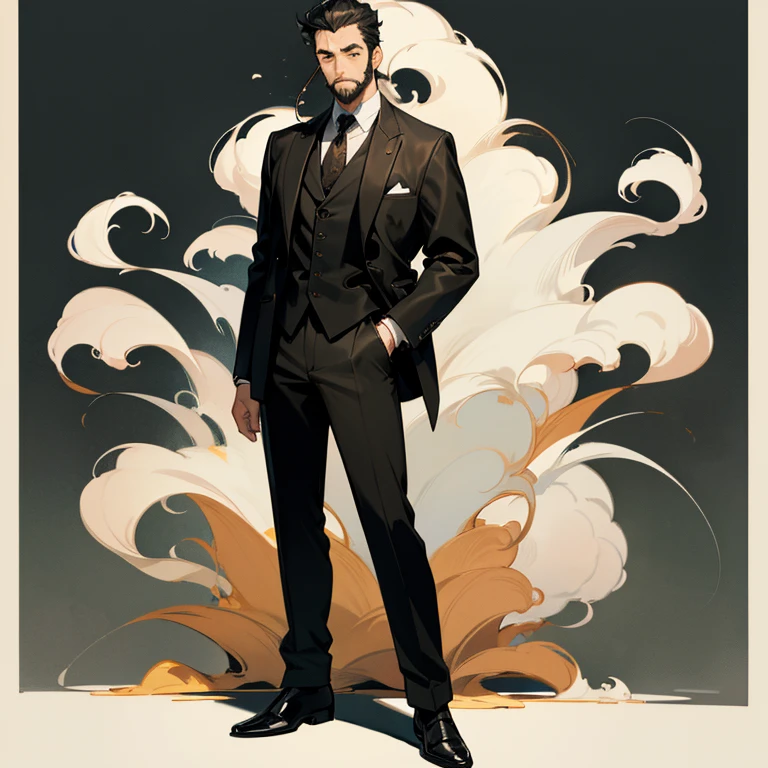 Japanese、suit、Leather shoes、Tobacco、Bad look、Standing there doing nothing、Hair stuck back with gel、Has a little beard、Full body portrait
