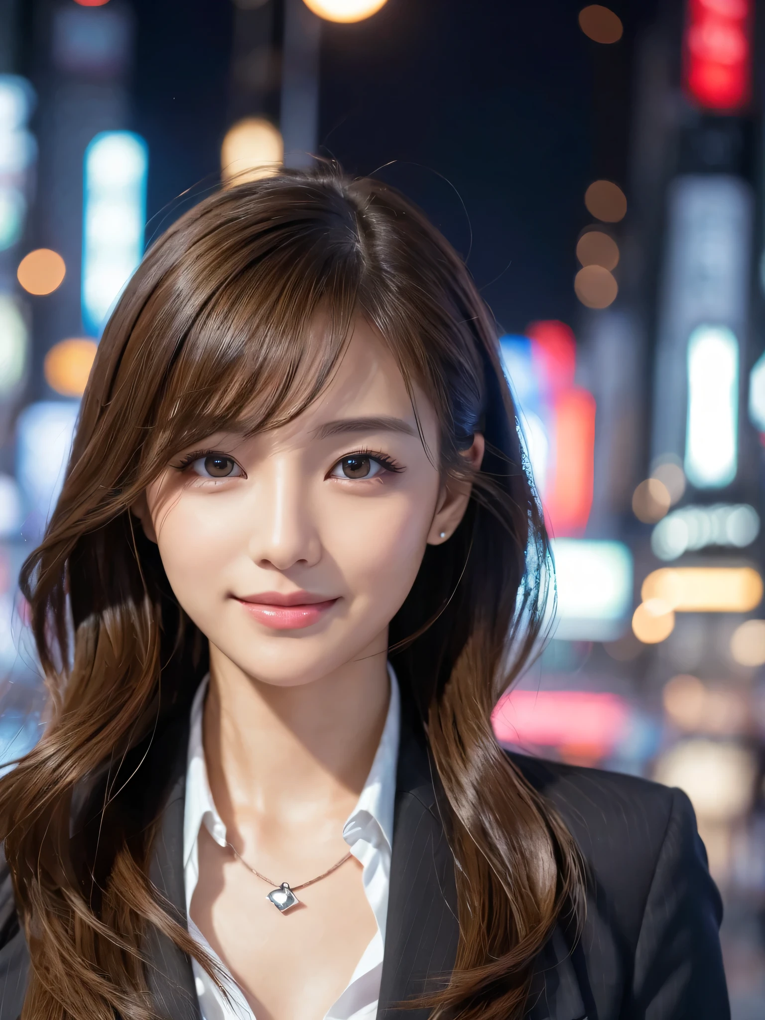table top、highest quality、genuine、Super detailed、finely、High resolution、8k wallpaper、one beautiful woman、、、light brown disheveled hair、wearing a business suit、sharp focus、perfect dynamic composition、beautiful and detailed eyes、thin hair、Detailed genuine skin texture、smile、model body shape、In Tokyo at night、