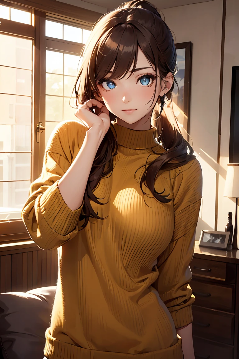 ((1 girl)), Latest Trends in Clothing,Yellow Sweater, Place your hands behind your head., cushion, cute, Private room, Cowboy Shot,((Very detailed,highest quality, High resolution, 8k wallpaper, Beautiful clothes,)),((Light Brown Hair, Long ponytail hair,Straight hair)),eye shadow, eyeliner,Glow Eye, Very detailedな目, Complex Eyes, Beautiful Eyes, ((Sparkling Eyes)),