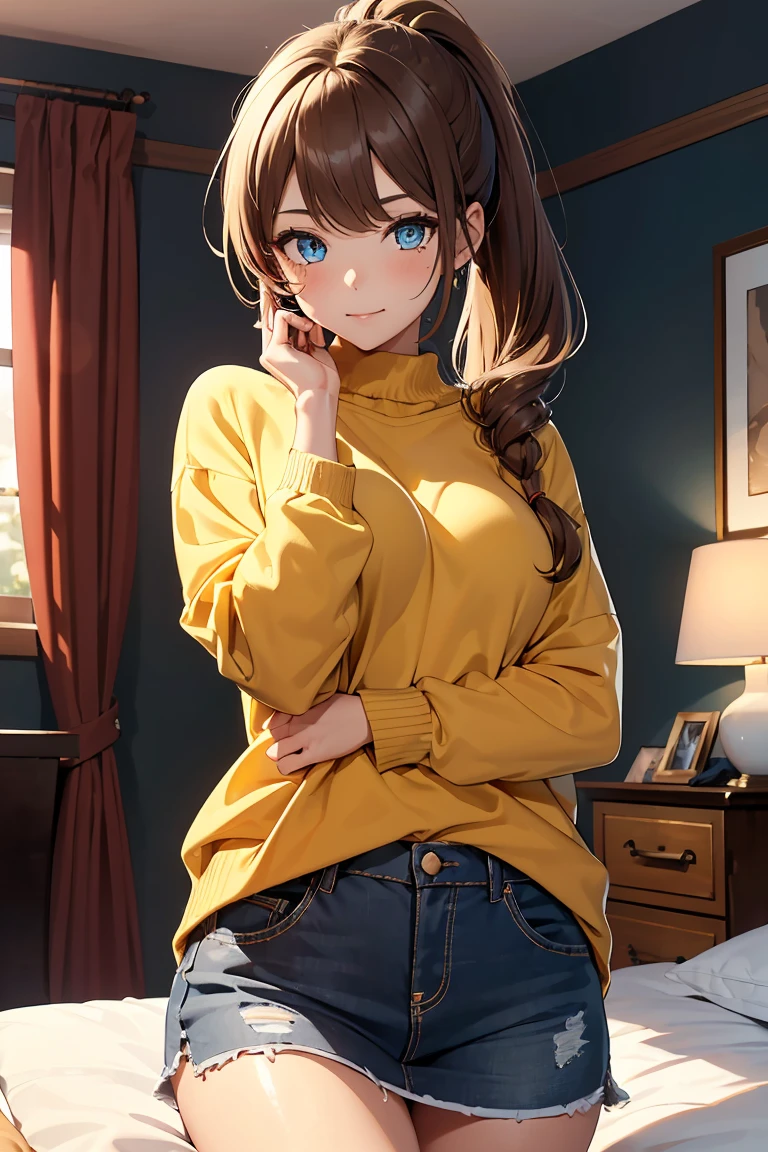 ((1 girl)), Latest Trends in Clothing,Yellow Sweater, Place your hands behind your head., cushion, cute, Private room, Cowboy Shot,((Very detailed,highest quality, High resolution, 8k wallpaper, Beautiful clothes,)),((Light Brown Hair, Long ponytail hair,Straight hair)),eye shadow, eyeliner,Glow Eye, Very detailedな目, Complex Eyes, Beautiful Eyes, ((Sparkling Eyes)), 17-year-old girl