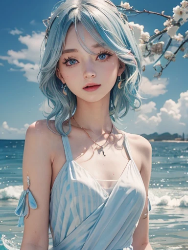 1girl、solo、looking at the audience、Smile、medium long hair、open mouth、Bangs、blue eyes、bare shoulders、jewelry、Upper body、blue hair、earrings、O cabelo multicolorido、collar、virtual_youtuber、Vest、water、Off the shoulders、dress、striped hair、tattoo、Floating hair、Headband、Beautiful detailed sky,美丽细致的water,泼water,浑身是water珠，Sunlight,Ray tracing,masterpiece,facing the camera