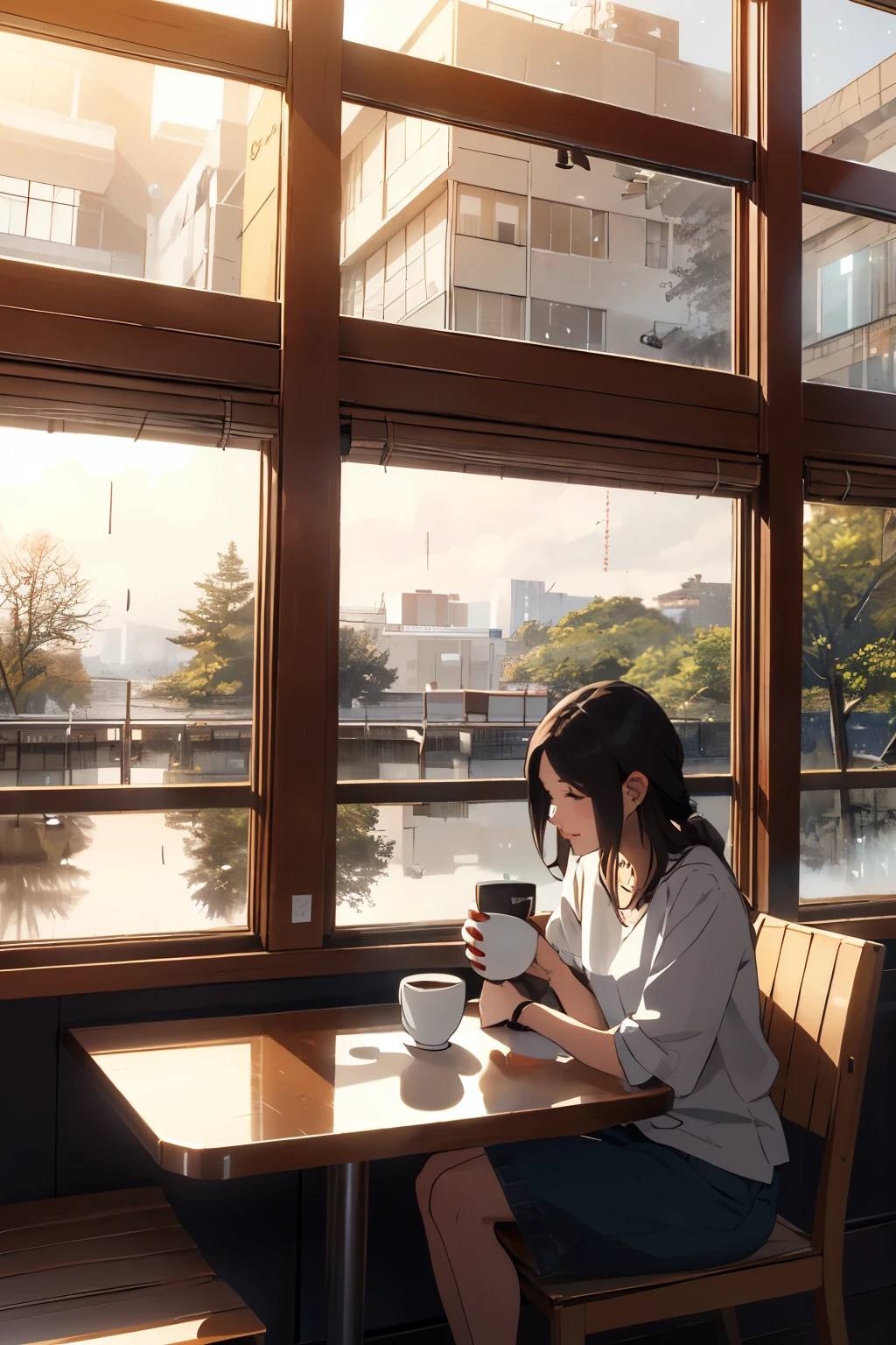 ((highest quality)), ((masterpiece)), (detailed), By the window of the café。
View of the rainy evening sky from the window of the café。
Warm lighting and muted colors。
The outside light is reflected beautifully in the window.。
A woman is sitting working while holding a mug of coffee in one hand。
Relaxed atmosphere。